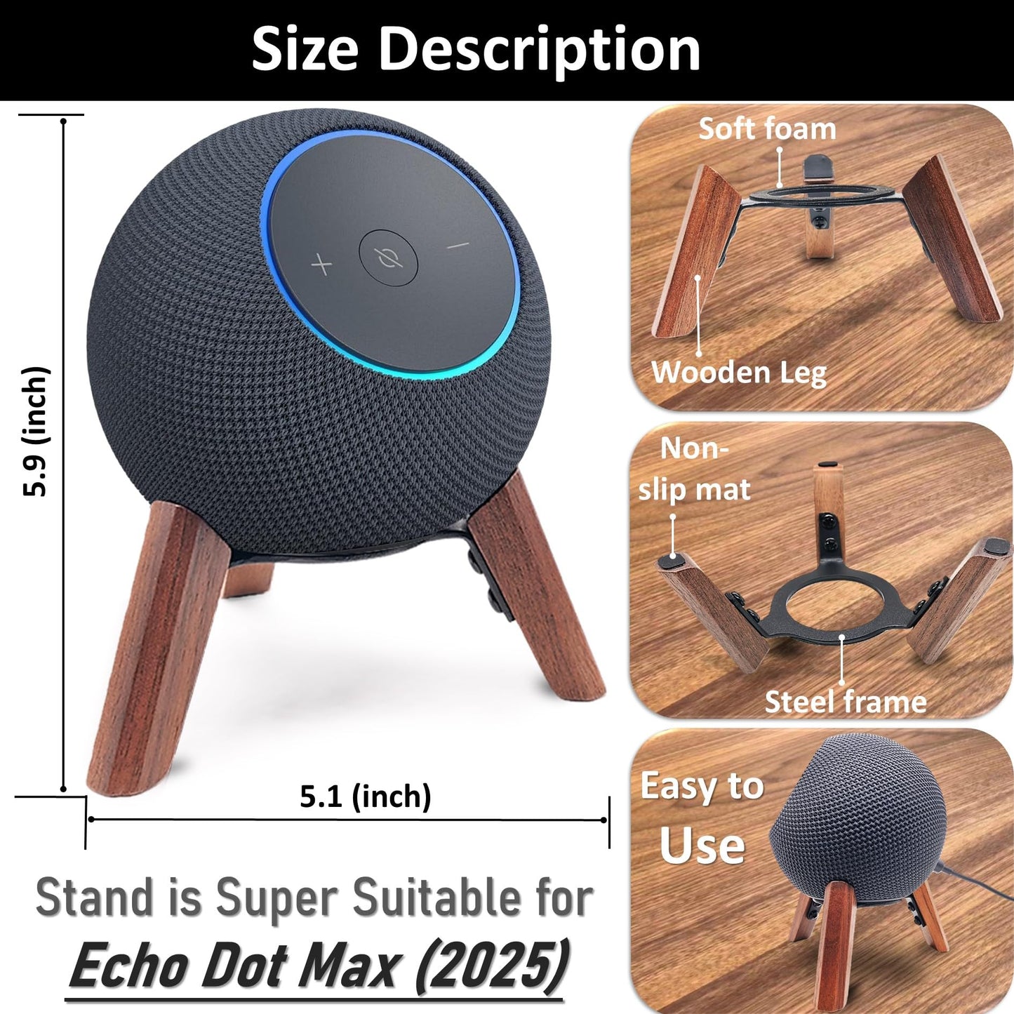 Counlisha Real Wood Stand for Echo dot max (new Model) 2025 Released,Desktop Tripod Mount Accessories Protect dot Audio for Better Sound,Secure Stable