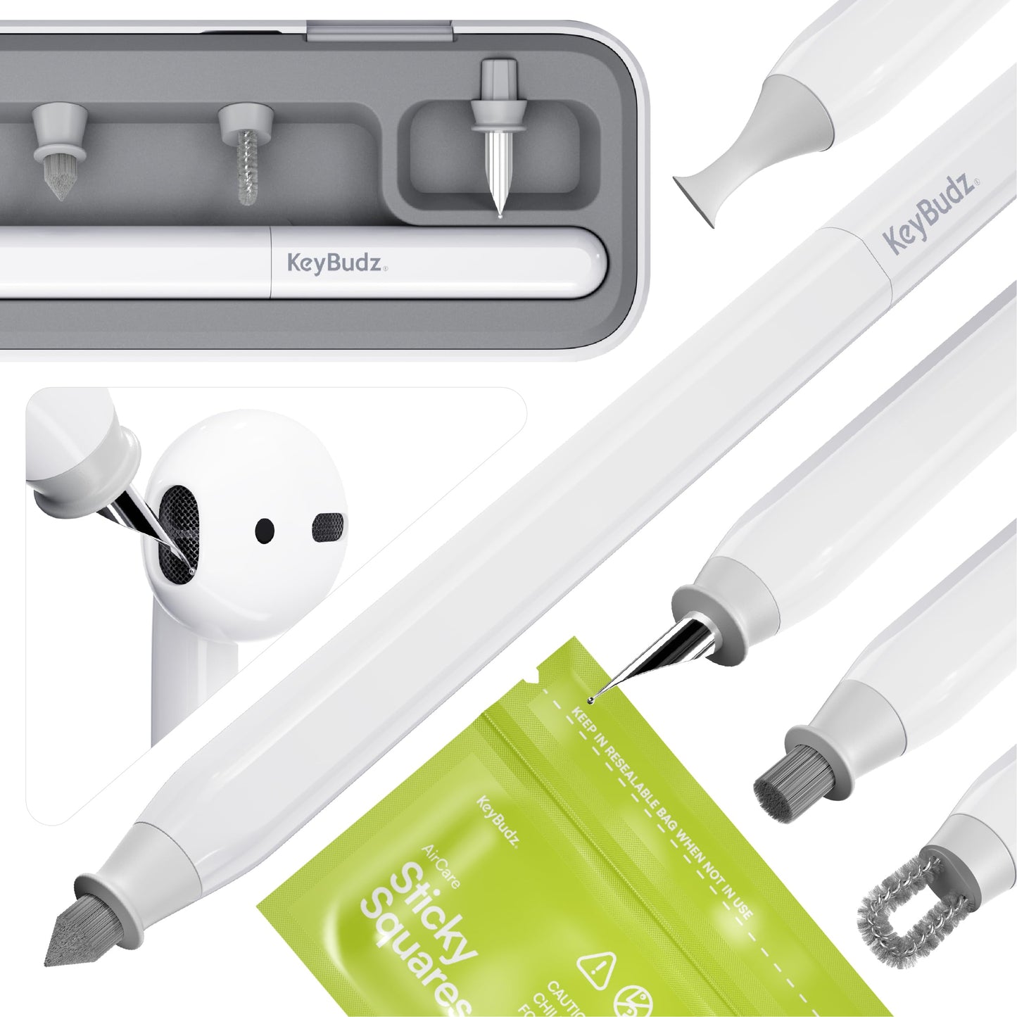 KeyBudz Air Care 2.0 AirPods Cleaning Kit - Patented Multi-Tool Cleaner with Interchangeable Brush Tips for AirPods, iPhone and Apple Devices