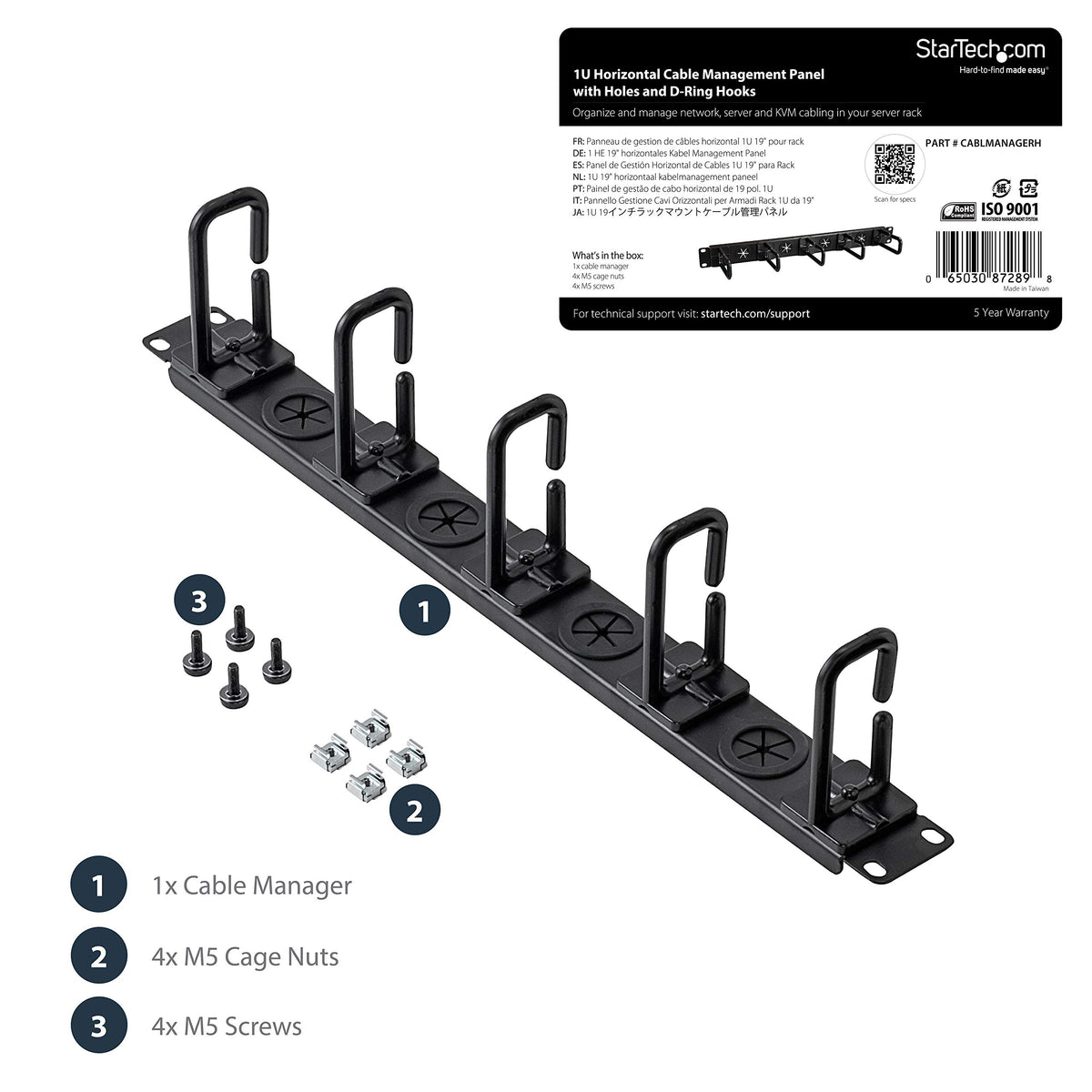 StarTech 1U 19in Horizontal Cable Manager, D-Ring, Steel (CABLMANAGERH)