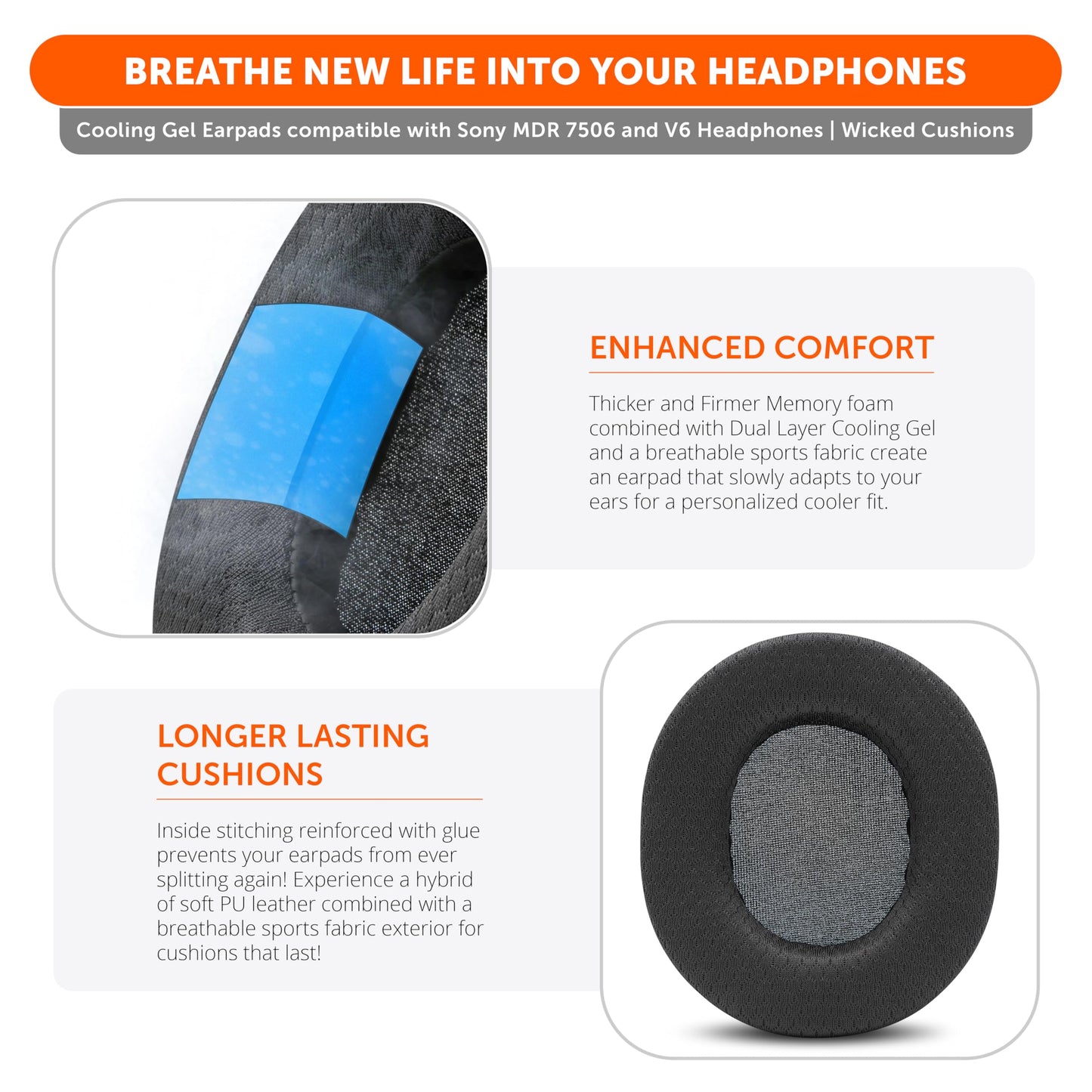 WC Freeze 7506 - Cooling Gel Earpads for Sony MDR-7506, MDR-CD900ST & MDR-V6 by Wicked Cushions | Breathable Comfort, Enhanced Isolation & Long-Term