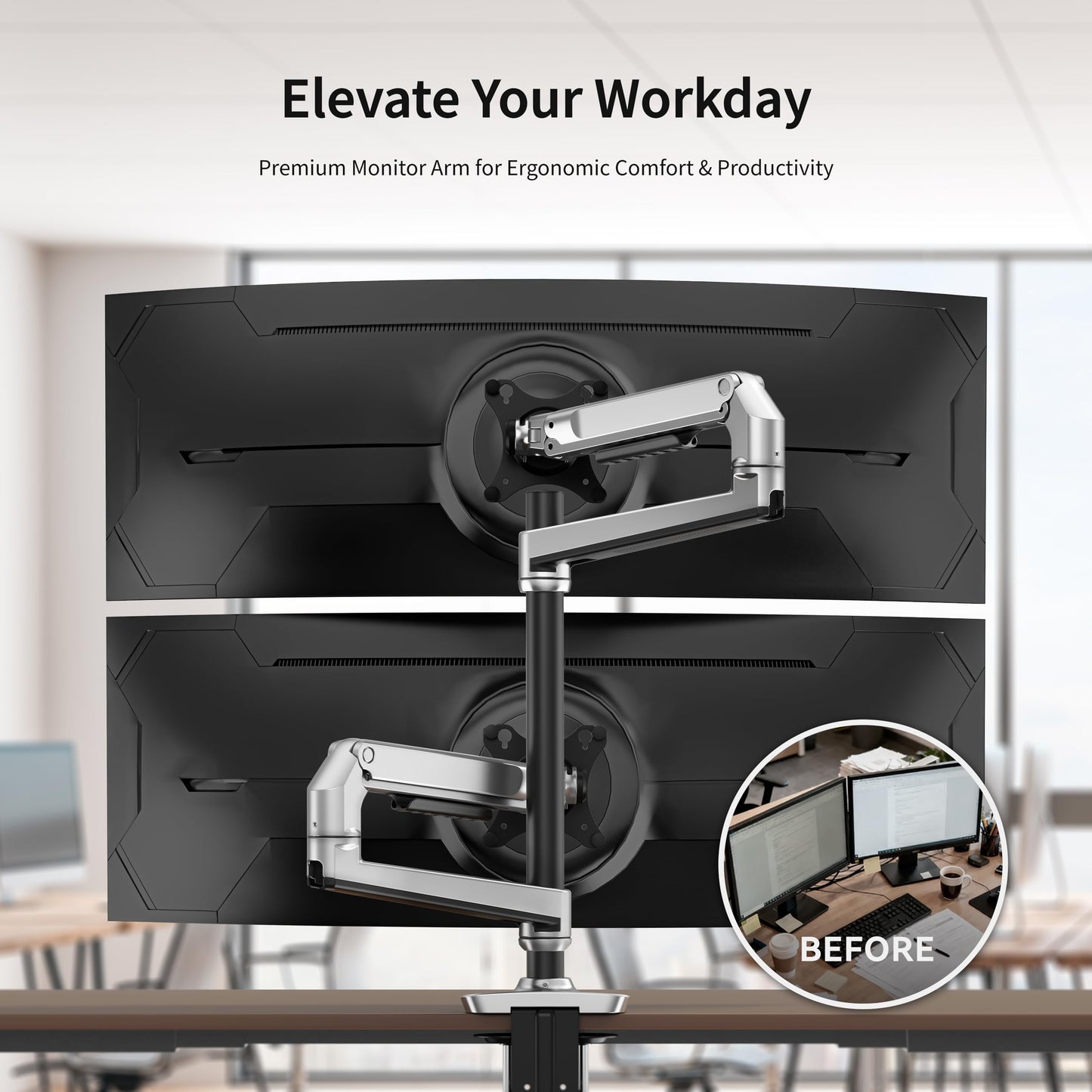 Ergounion Premium Dual Monitor Stand for Desk, High-Grade Aluminum Stacked Monitor Arm with Heavy-Duty Mechanical Spring, Adjustable Vertical Double
