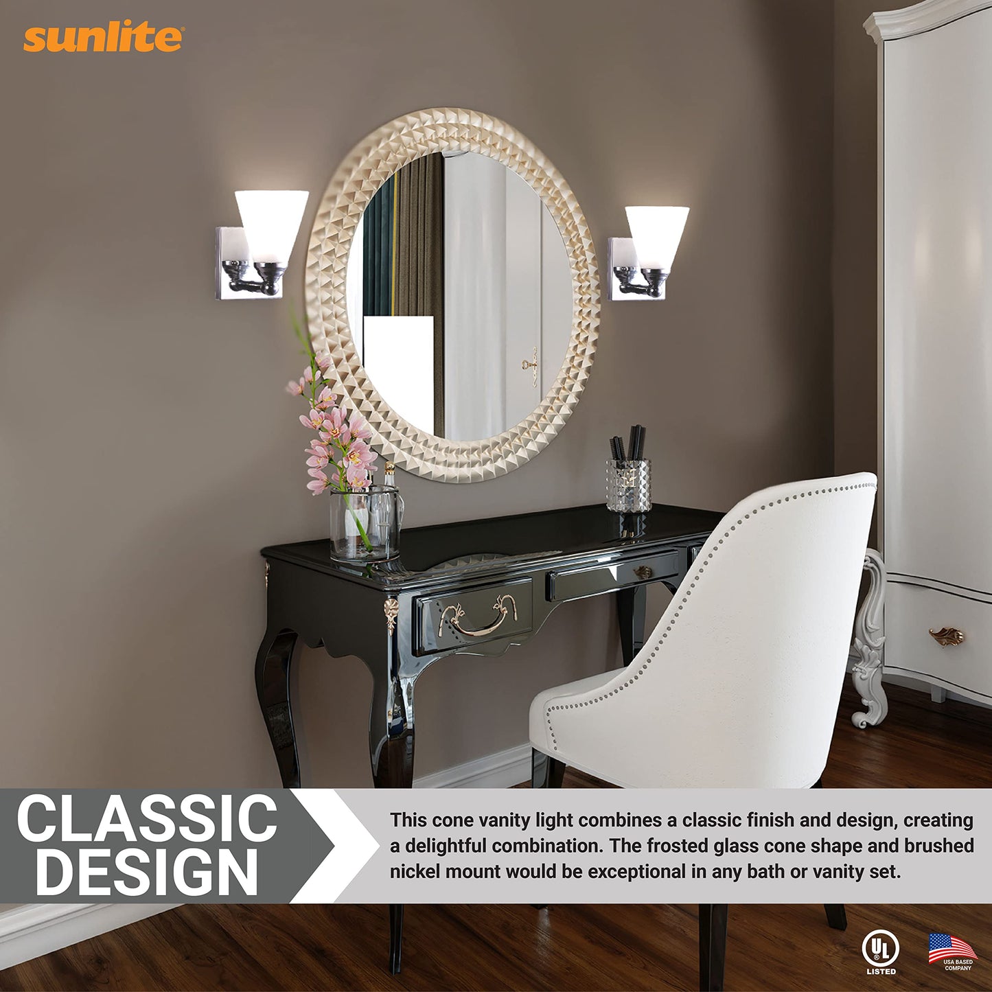 Sunlite Cone Shade Vanity Light Fixture, Wall Mount, Medium (E26) Socket, Standard A19 Bulb Required (60W Max), Bathrooms, Powder Rooms, Frosted Glass