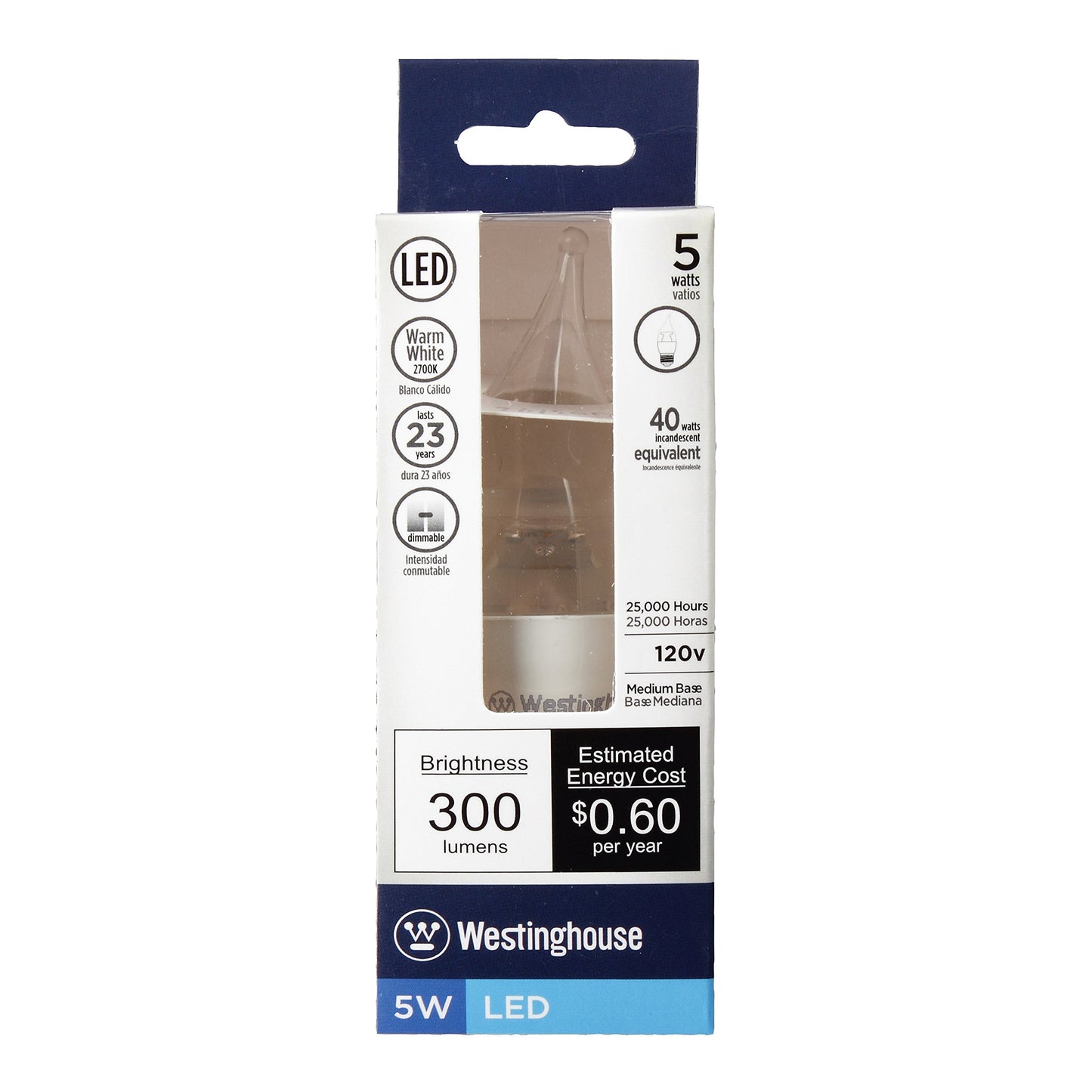 Westinghouse Lighting 0314600 5W Flame Tip CA11 Dimmable LED Light Bulb with Medium Base, Warm White