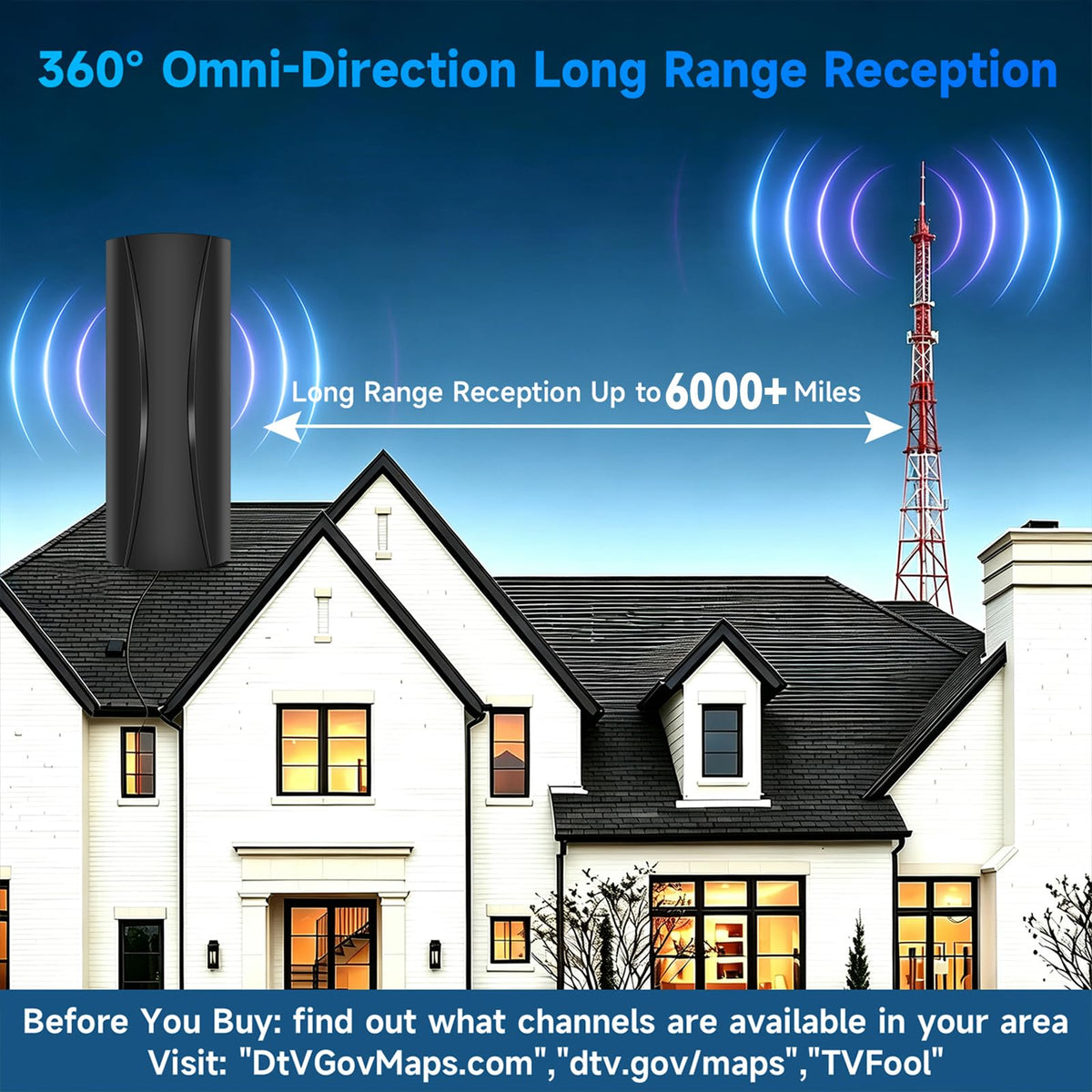 5000+ Miles Range TV Antenna,2026 Digital TV Antenna Indoor Outdoor with Strongest Amplifier, 360°Reception HDTV Antenna for Local Channels for Smart TV and Old TVs-38ft Coax Cable-Support 8K 4K 1080p