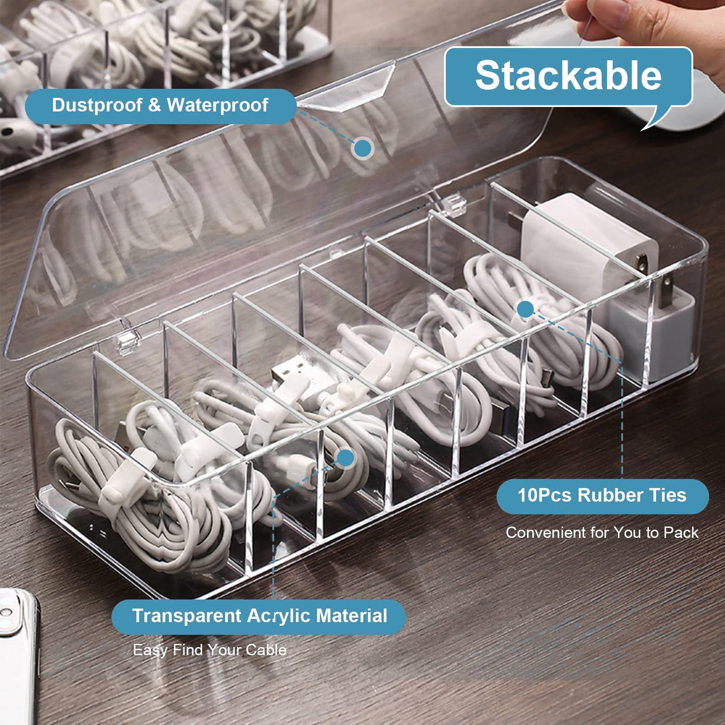 See-Through Cable Organizer Box Wire Management Case Data Cord Organizer Storage,8 Compartment Storage Boxes with 10 Wire Ties,Plastic Clear Lids