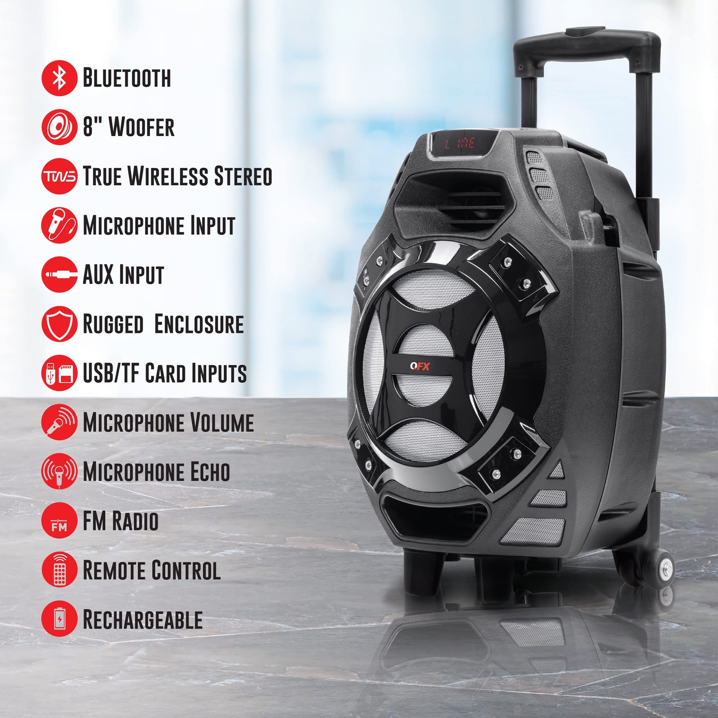 QFX PBX-61081 Rechargeable Portable Speaker | 8" Woofer | 400 Watts | Bluetooth, AUX, SD Card, FM Radio | Handle, Wheels, 12 Lbs | Perfect