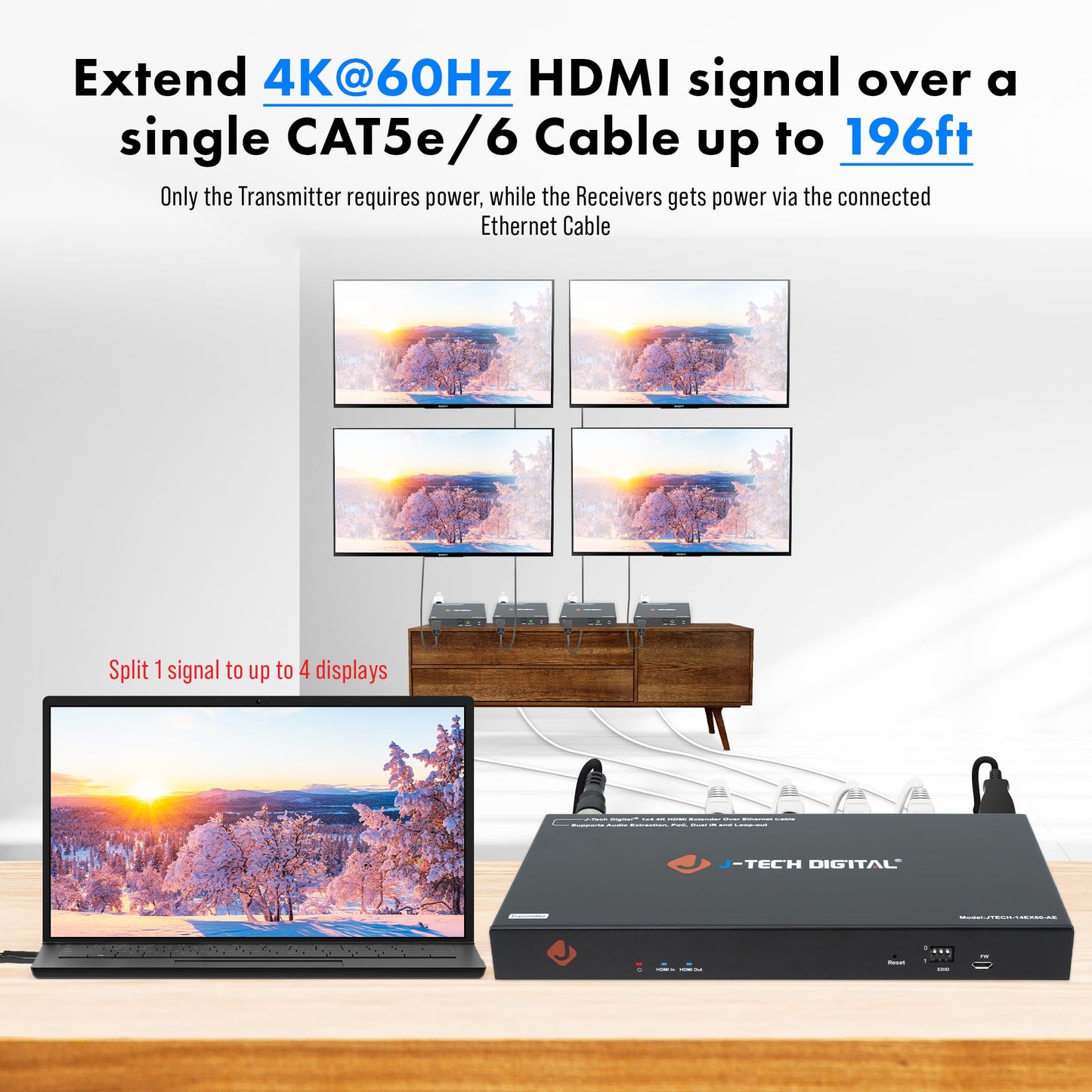 J-Tech Digital HDMI Extender Splitter 4K 60Hz 1 in 4 Out Over Single Cat5e/6 Ethernet Cable Up to 196ft. Supports 4K Downscale Audio Extraction PoC
