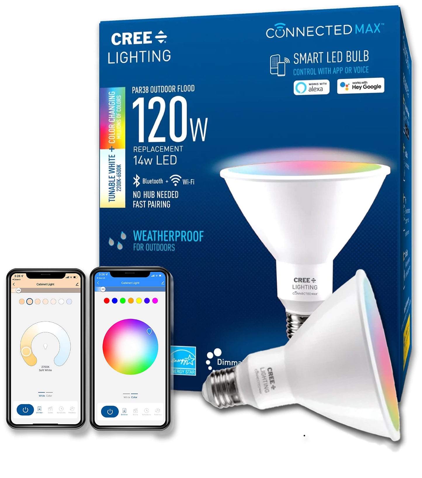 Cree Lighting Connected Max Smart Led Bulb Par38 Outdoor Flood Tunable White + Color Changing, 2.4 Ghz, Works with Alexa and Google Home, No Hub