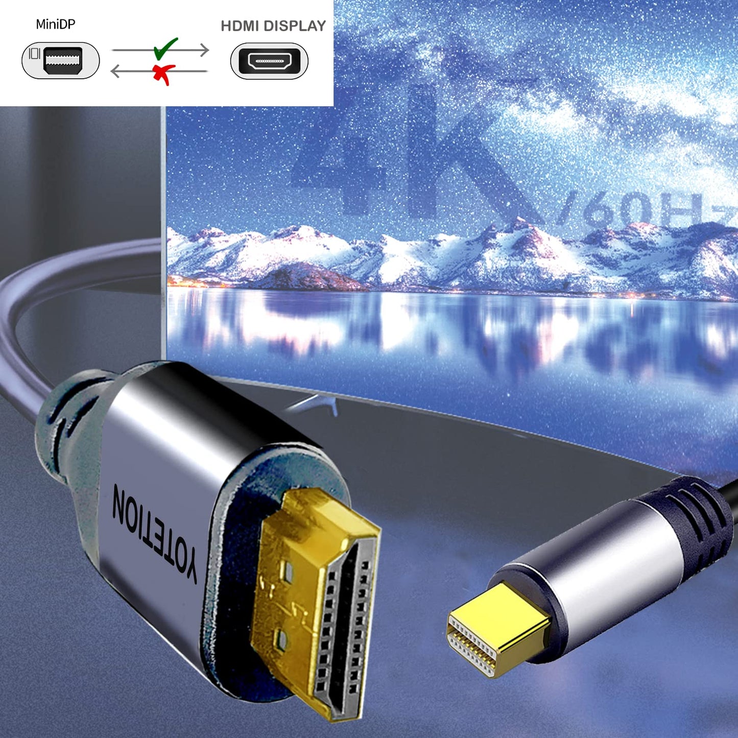 YOTETION 50FT Long Mini DisplayPort to HDMI Cable, 4K60Hz, Black, 1 Count, Male-to-Male, Compatible with MacBook Pro/Air, iMac, Microsoft Surface