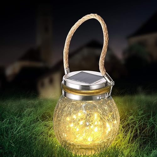 ivSunTEK Solar Hanging Lanterns Outdoor Waterproof, Decorative Cracked Glass Jar Table Lamp with 30 LED Warm White Lights for Garden Tree Courtyard