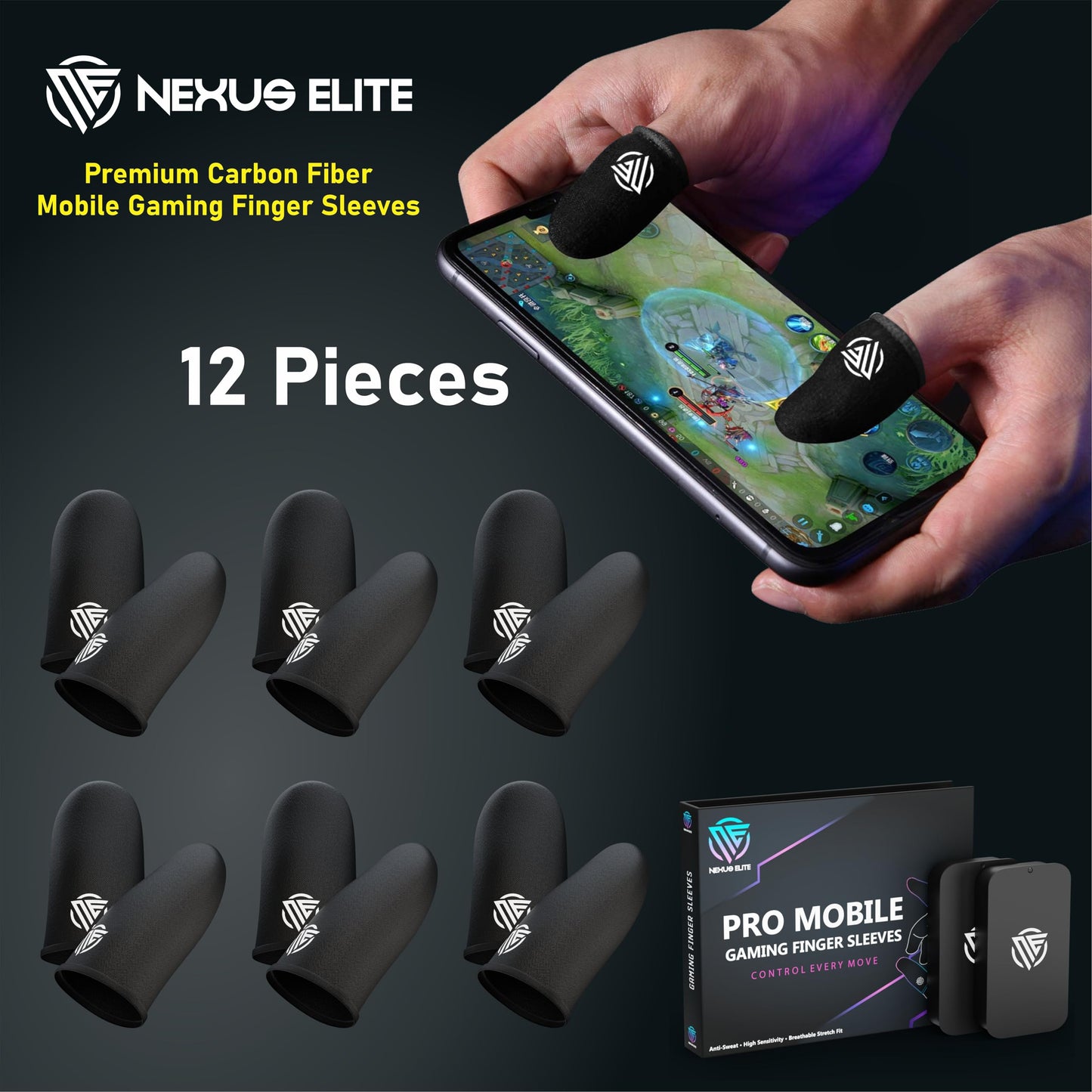 Nexus Elite Gamer sleeves for pubg , mobile gaming finger cots sleeve gloves and covers , compression for thumb arthritis sweaty hands , Carbon Core