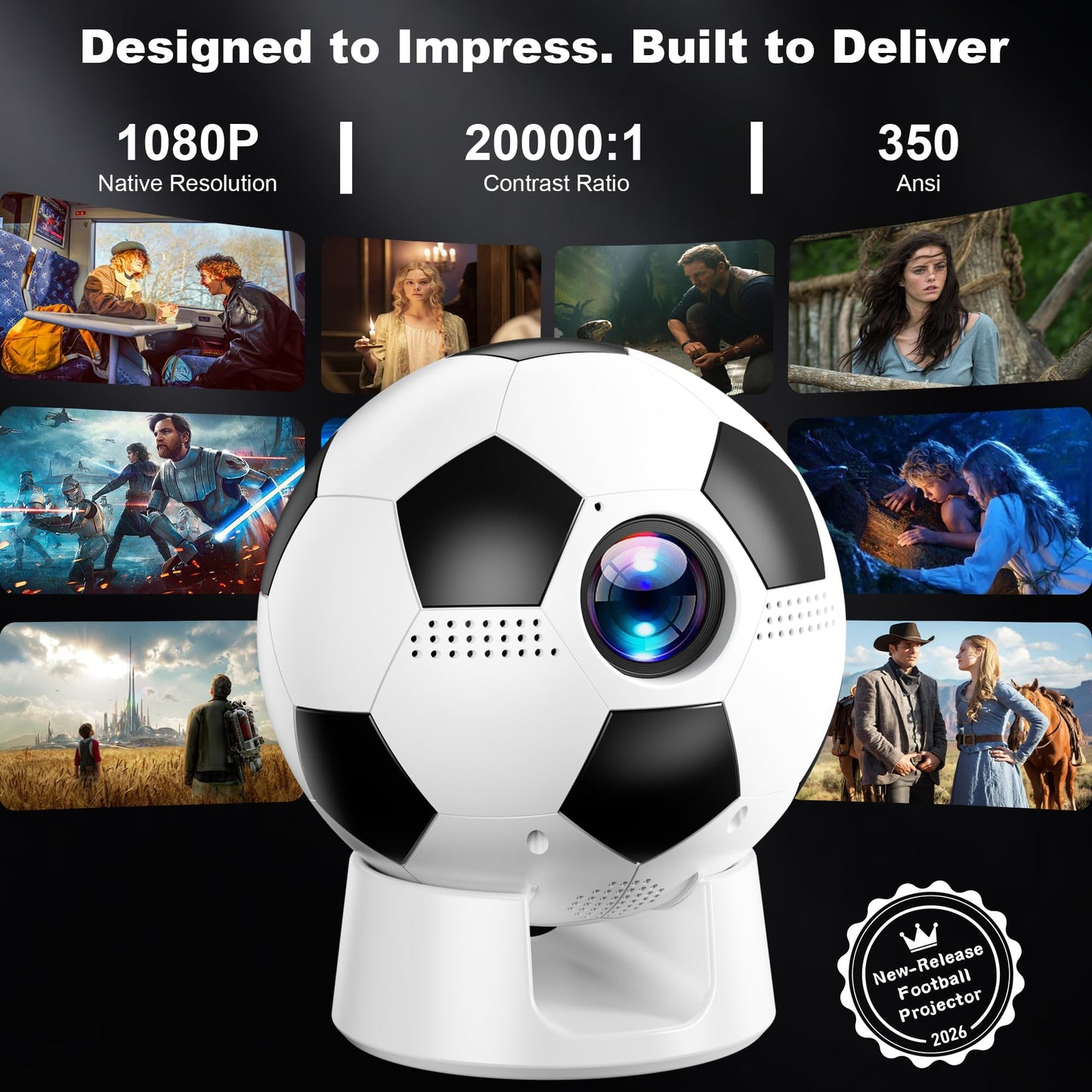 Soccer Fan's Ultimate Native 1080P Projector with Built-in Apps, Bluetooth Projector with Dual Bond Wi-Fi 6, 180° Rotatable Integrated stand, Gift