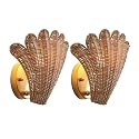 JONATHAN Y 11.5" Gold and Brown 1-Light Rattan Wall Sconce Set of 2, Vintage Coastal Scallop Shell Sconce for Bedroom Hallway, Hardwired, LED Bulbs