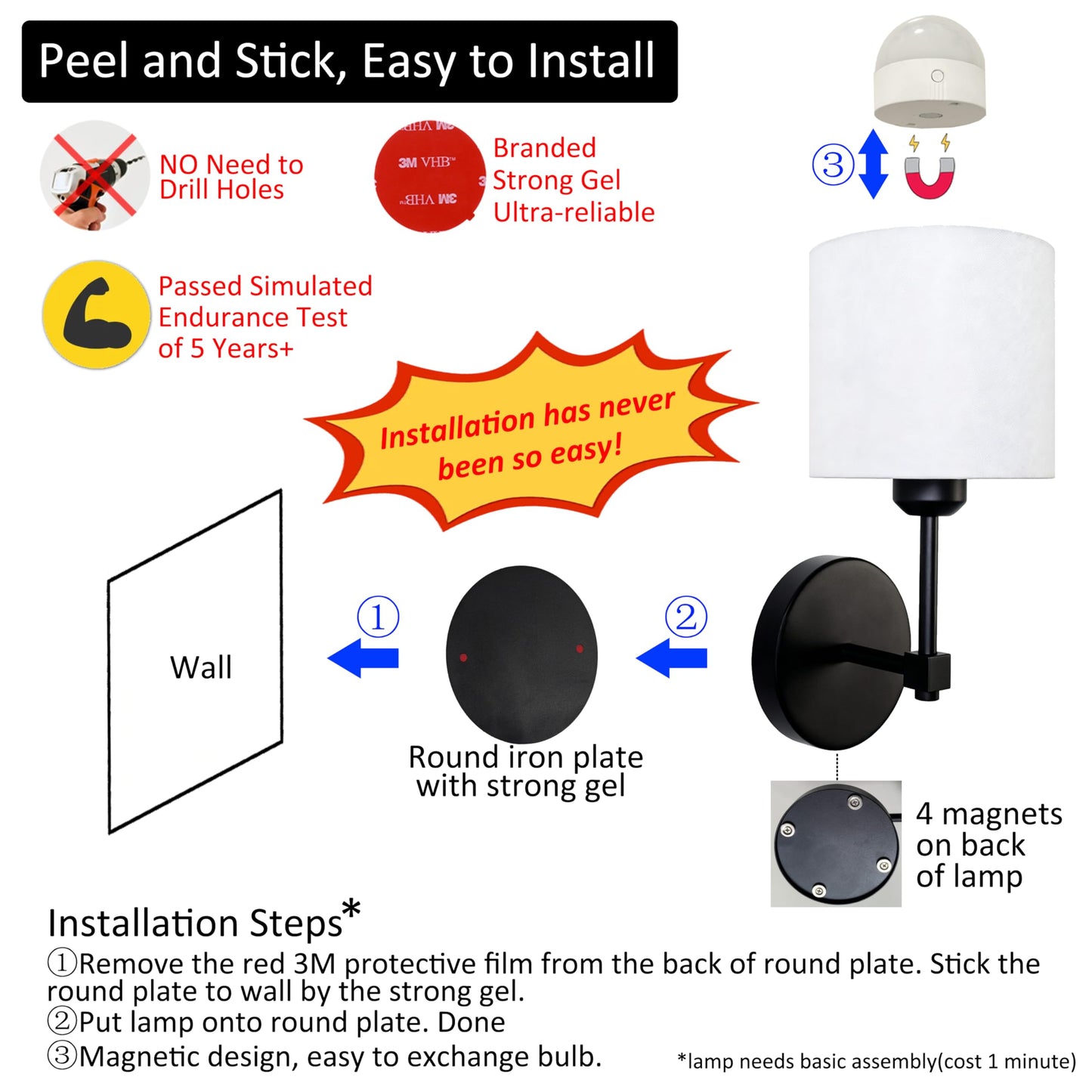 No Drill Peel and Stick Cordless Rechargeable Wall Sconces Battery Operated, Set of 2 Easy Install No Wiring Adhesive Wall Lights Home Decor Sconces