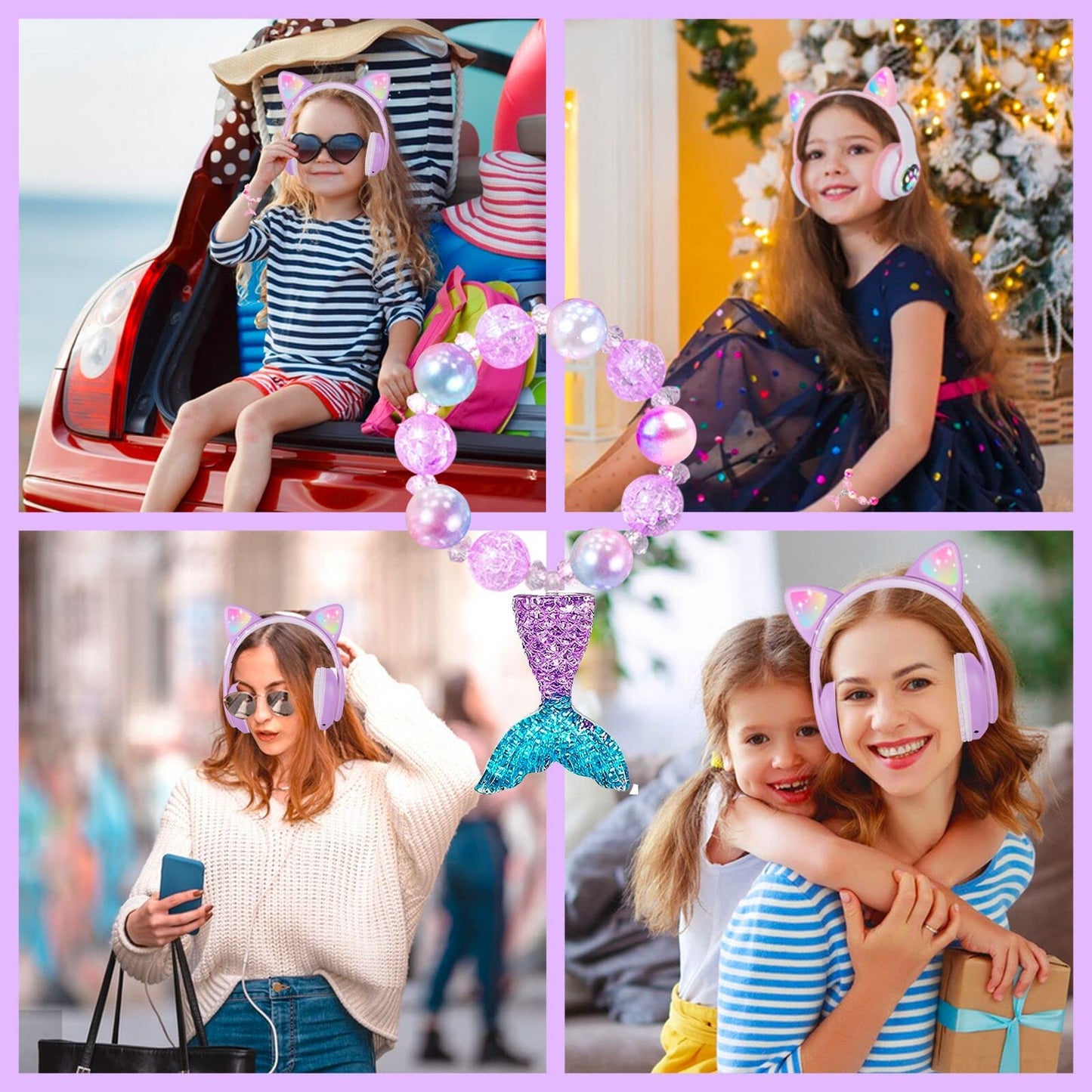 kuyaon Wireless Cat Ear Headphones for Kids, LED Light Up Kids Girls Bluetooth Headphones with Microphone