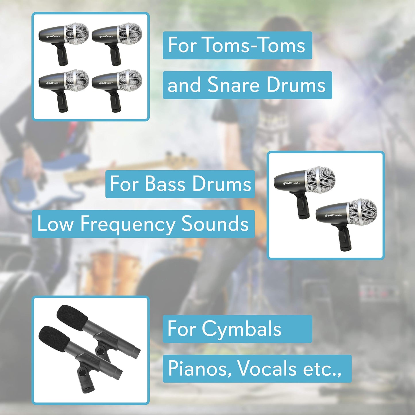 Pyle 7-Piece Wired Dynamic Kit-Kick Bass, Tom/Snare & Cymbals Microphone Set-for Drums, Vocal, & Other Instrument-Complete with Thread Clip, Inserts