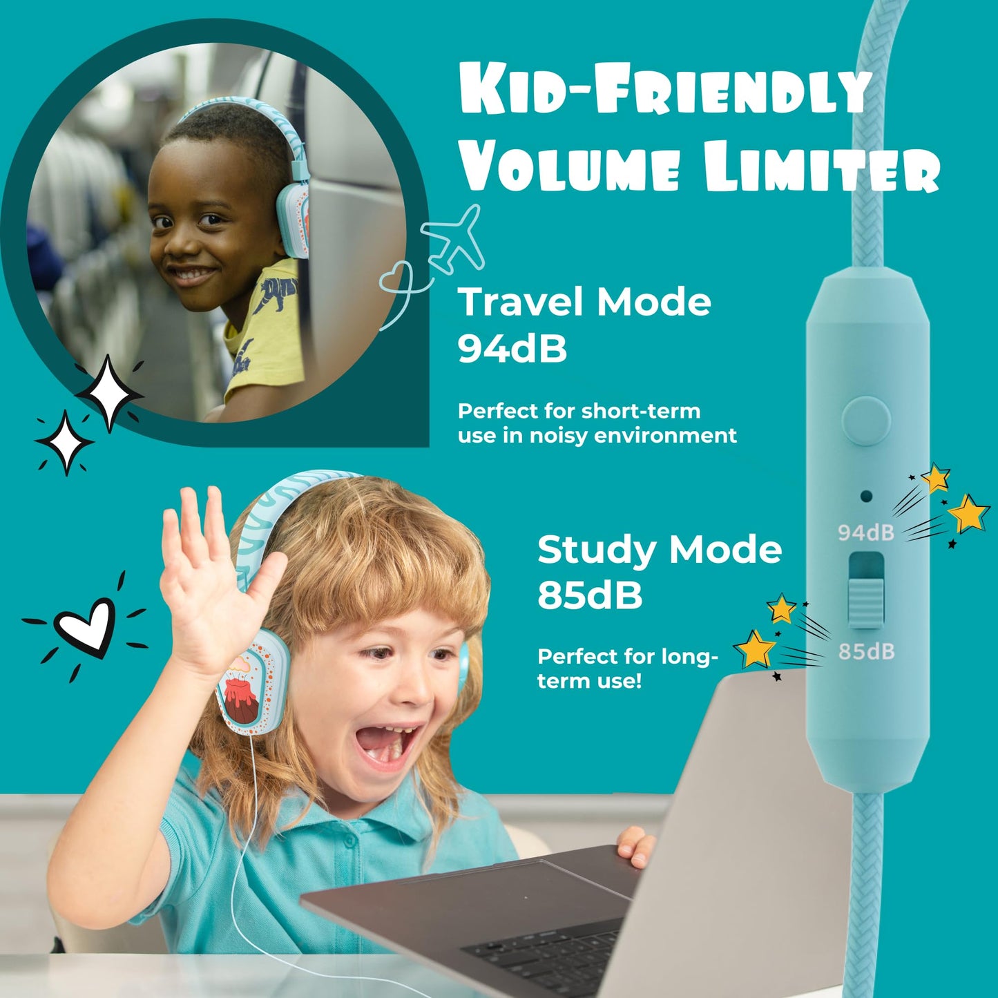 Kidrox® Kids Headphones Wired LED Lights with Microphone, Durable and Flexible, Volume Limited 85/94db Kid Safe Dinosaur Headphones for Kids, Perfect