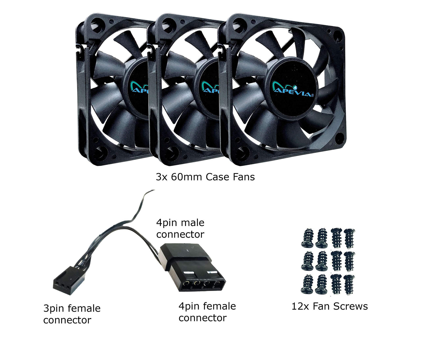 Apevia CF6015S-3 (3 Pk) 60mm x 60mm x15mm Black Case Fan W/4PIN Molex + 3PIN Motherboard Adapter
