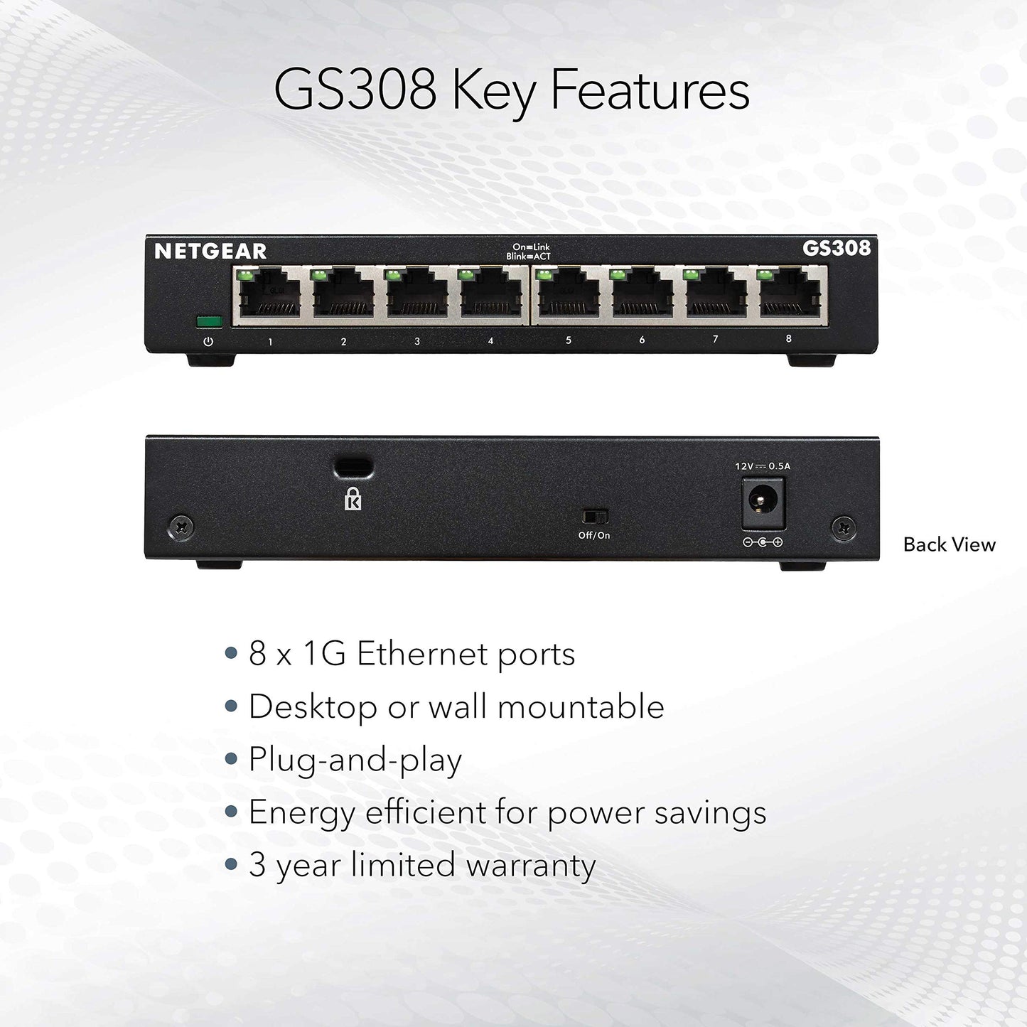 NETGEAR 8-Port Gigabit Ethernet Unmanaged Essentials Switch (GS308) - Home Network Hub, Office Ethernet Splitter, Plug-and-Play, Silent Operation