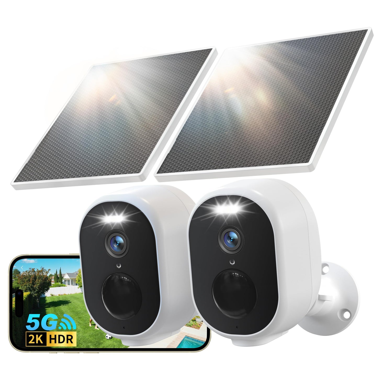 GNCC 2 Pack Solar Camera Outdoor Wireless, 5G & 2.4GHz WiFi, 2K Battery Cameras for Home Security, Color Night Vision, AI Detection, Siren Alarm