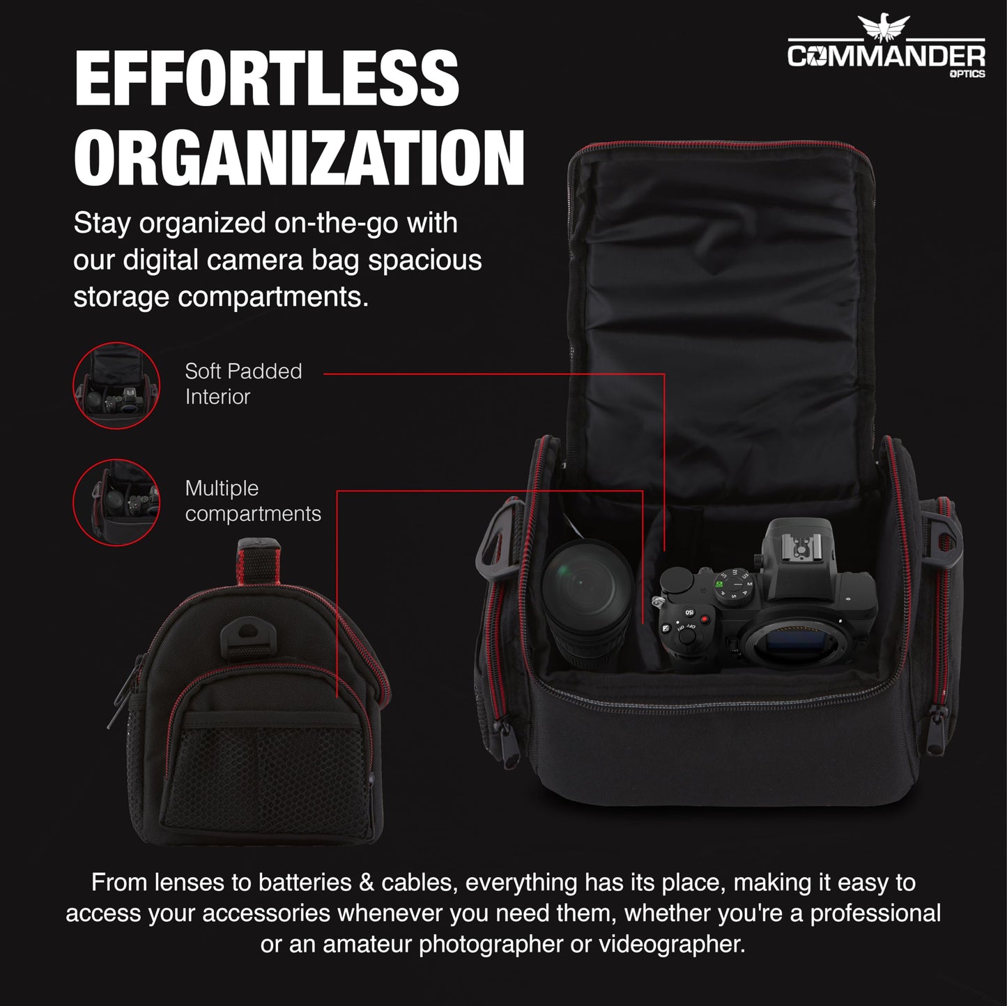 COMMANDER OPTICS Medium Camera Bag - Water Resistant, Soft Padded, Travel Bag for Canon EOS, Nikon, Sony & More DSLR Cameras/Camcorders Ample Storage