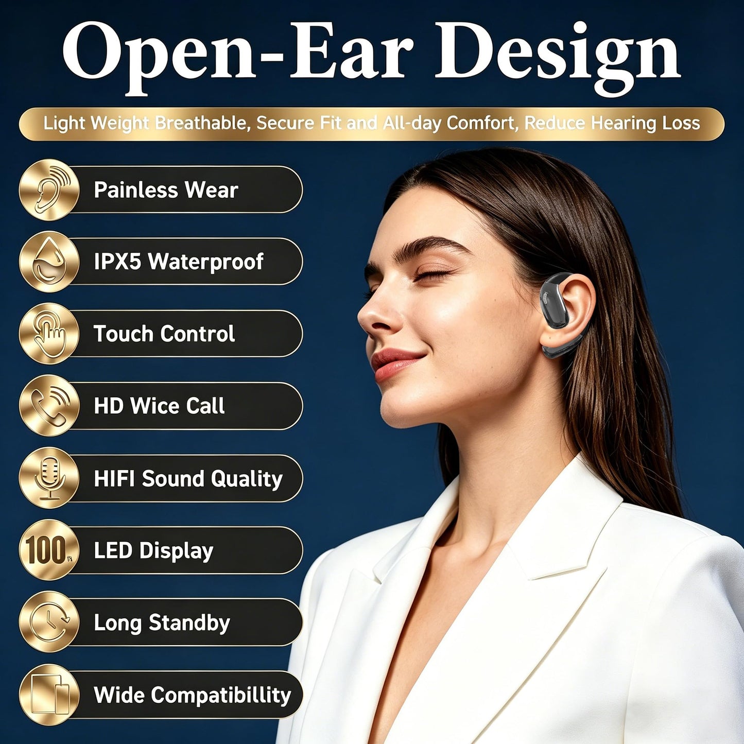 Open Ear Headphones, Wireless Headphones with Smart Digital Display & Mic, Open Ear Earbuds 35H Playtime, Sweat Resistant & Waterproof, Secure