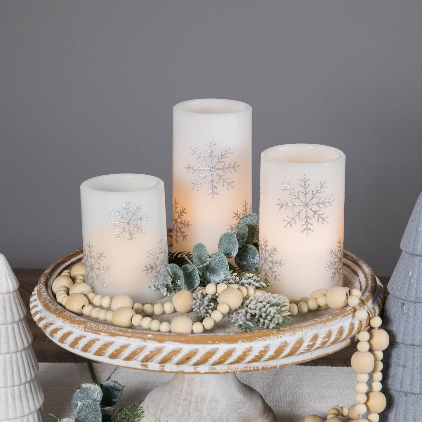 Northlight LED Flameless Flickering Wax Pillar Snowflake Christmas Candles - 6" - Set of 3