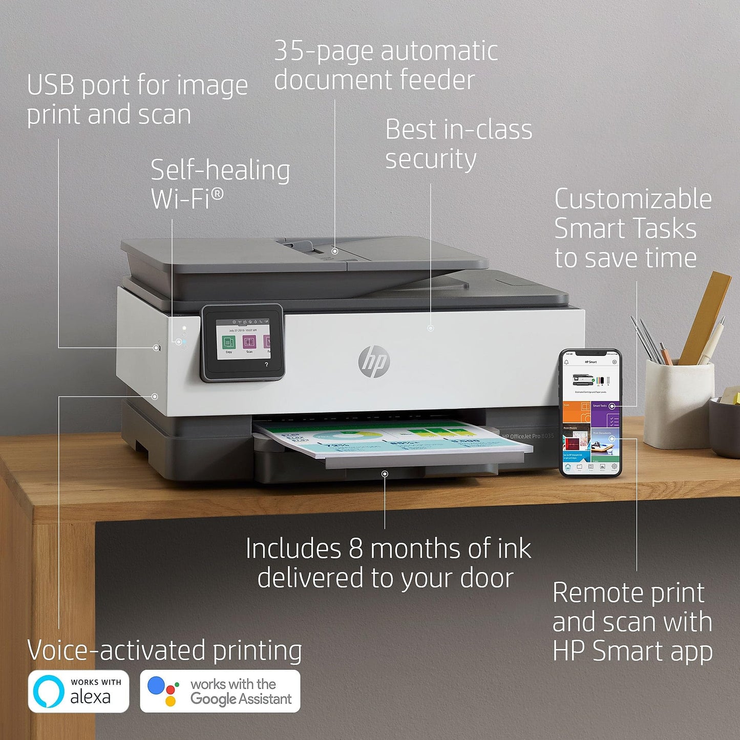 HP OfficeJet Pro 8035 All-in-One Wireless Printer - Includes 8 Months of Ink, Instant Ink, Works with Alexa - Basalt (5LJ23A)