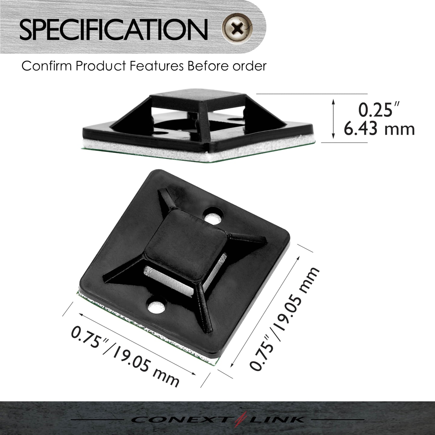 Conext Link 100 Pack Black Self Adhesive Cable Tie Zip Clamp Mount Clip Holder Base 3/4" (20X20mm ?19082?