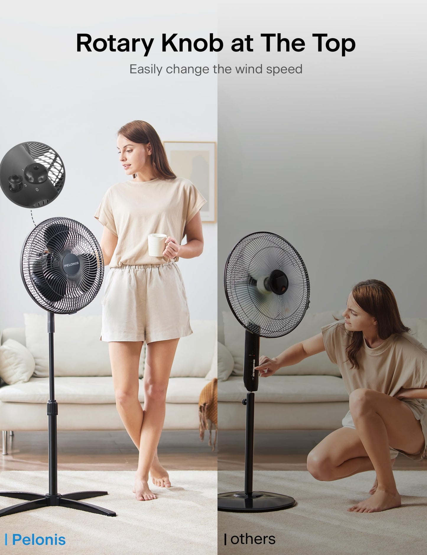 PELONIS 16" Adjustable Oscillating Pedestal Fan for Bedroom, Black