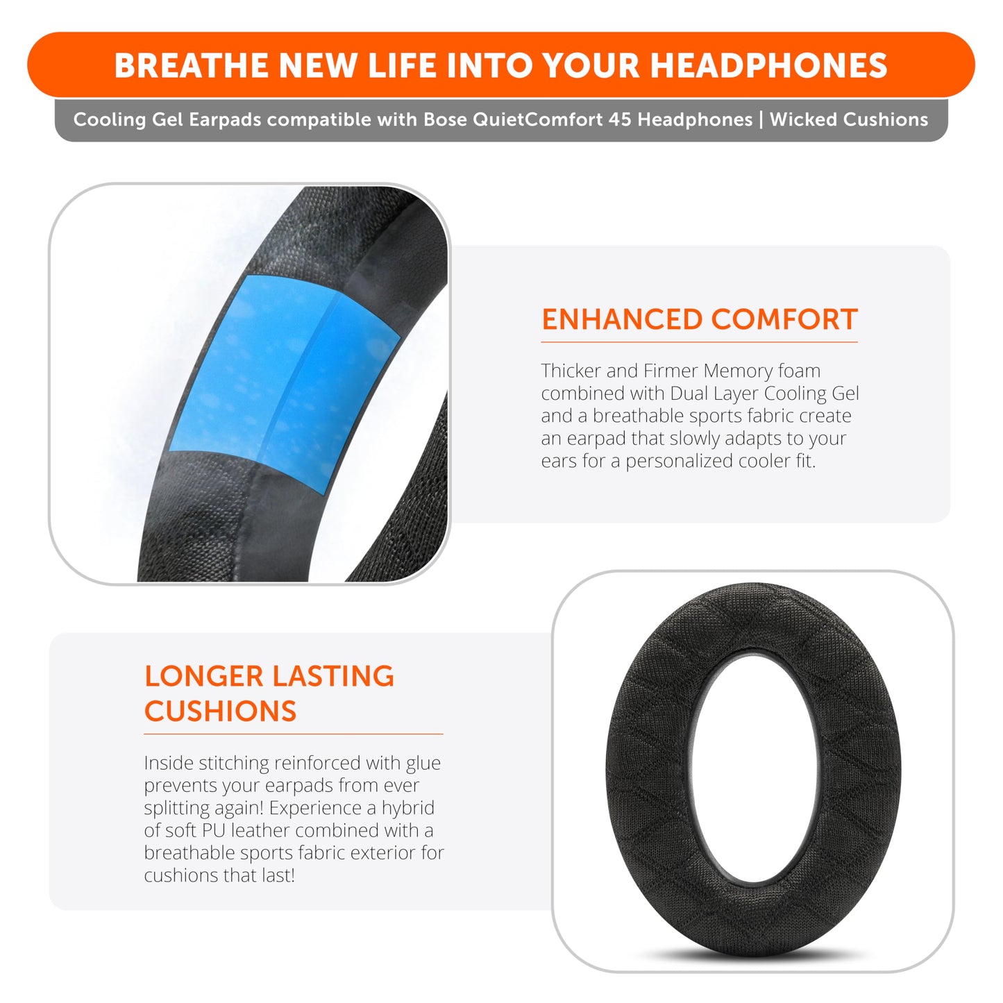 WC Freeze V2 QC45 - Cooling Gel Earpads Compatible with Bose QuietComfort 45, QuietComfort SE & QC Wireless (2023) by Wicked Cushions | Freeze V2
