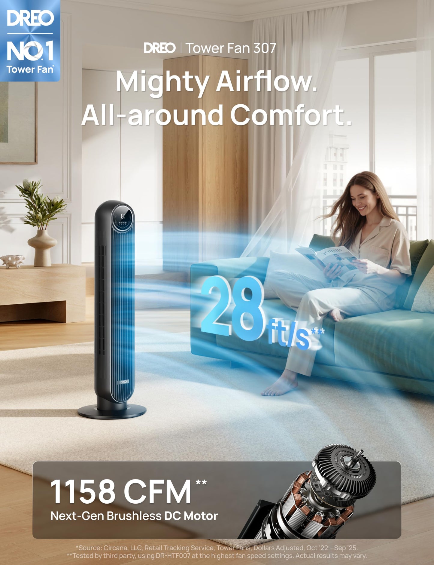 DREO Tower Fan for Bedroom, 28ft/s Velocity, Ultra Quiet Fan, 8 Speeds