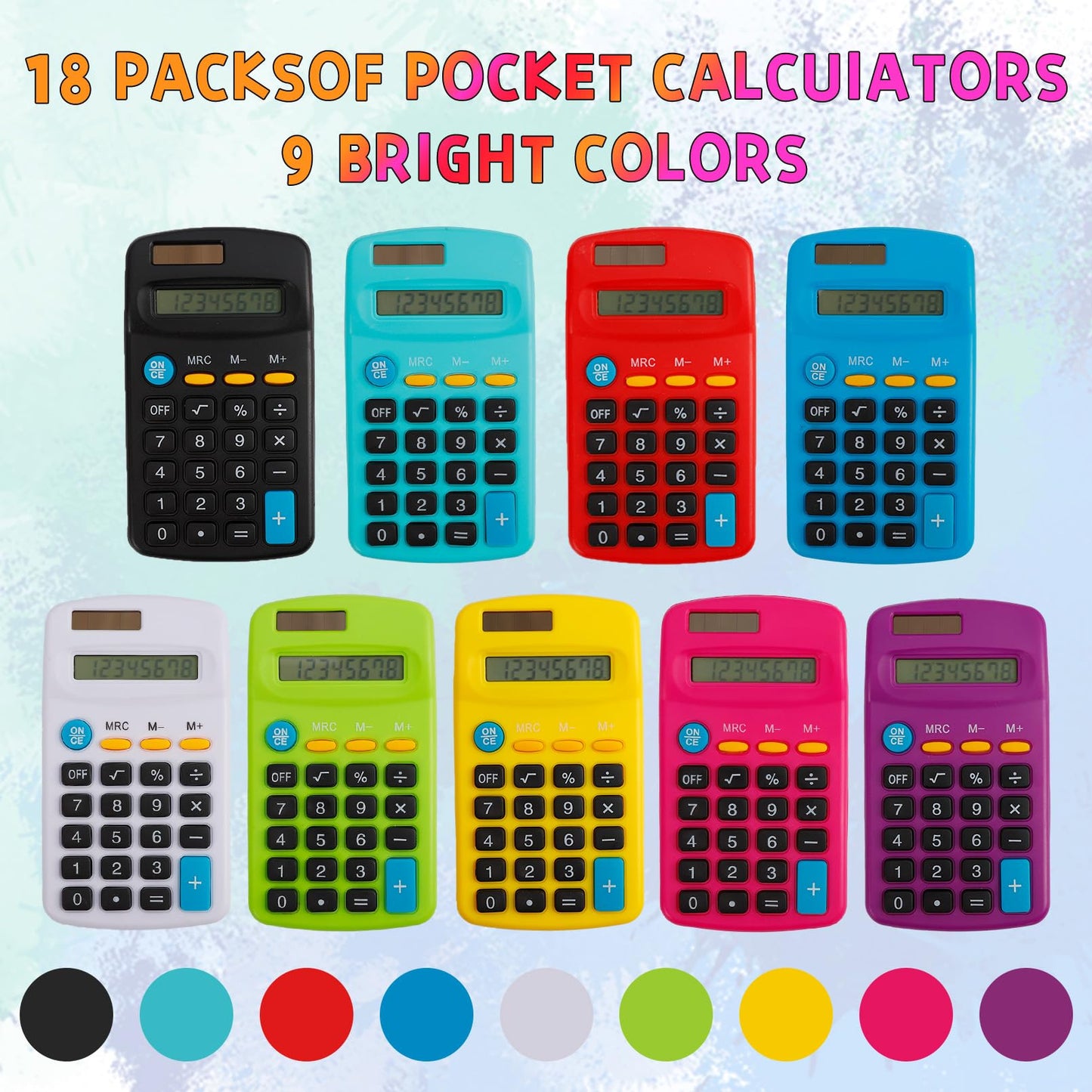 CACASO 18 Pcs Pocket Calculator,Pocket Size Calculator,8 Digit Display Solar Battery Dual Power Desktop Calculators for Students Kids Home Office(9