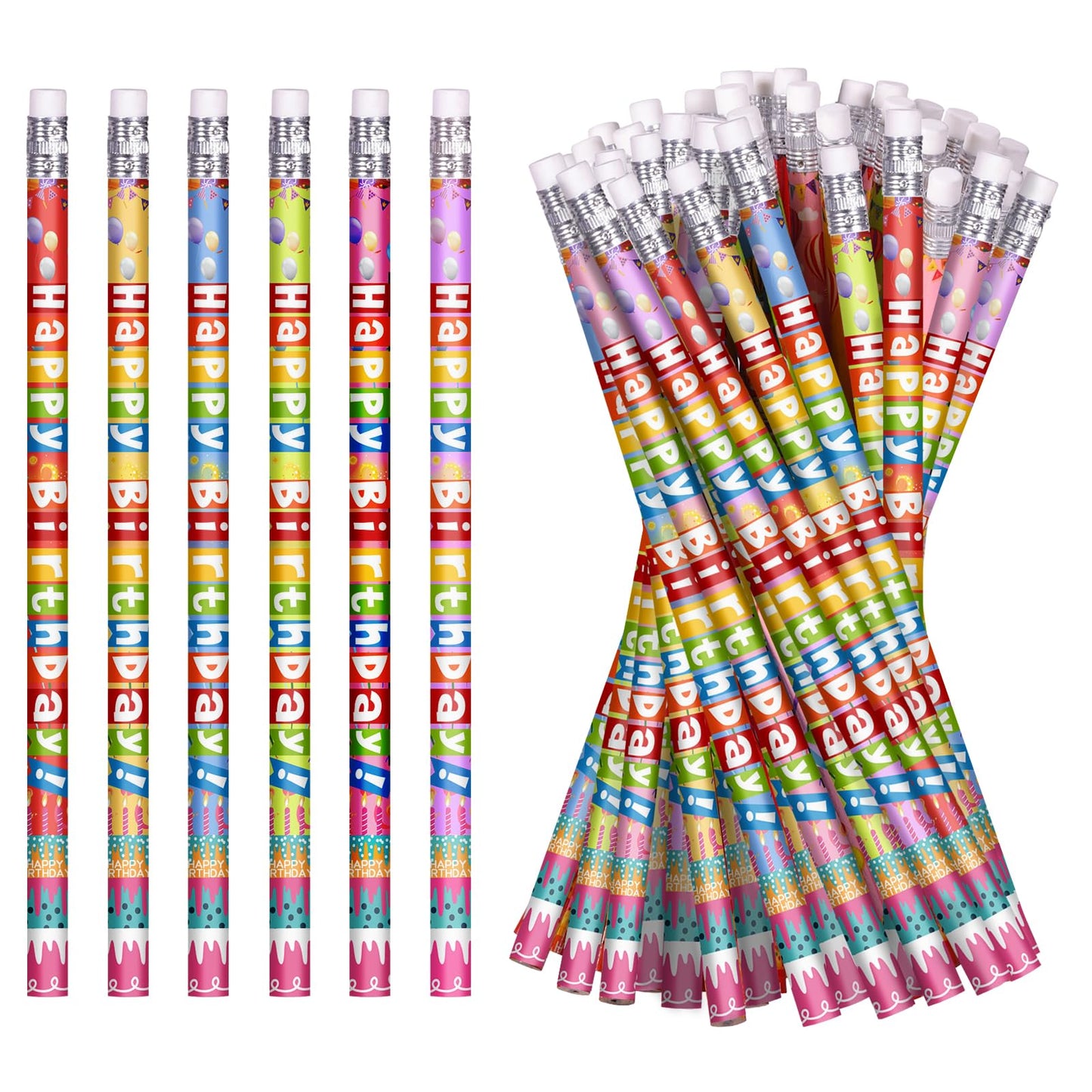 emzrivo 48 Pcs Happy Birthday Pencils Colorful Birthday Pencil for Students Teacher Wooden Pencils with Erasers Birthday Party Supplies, 6 Style(48)