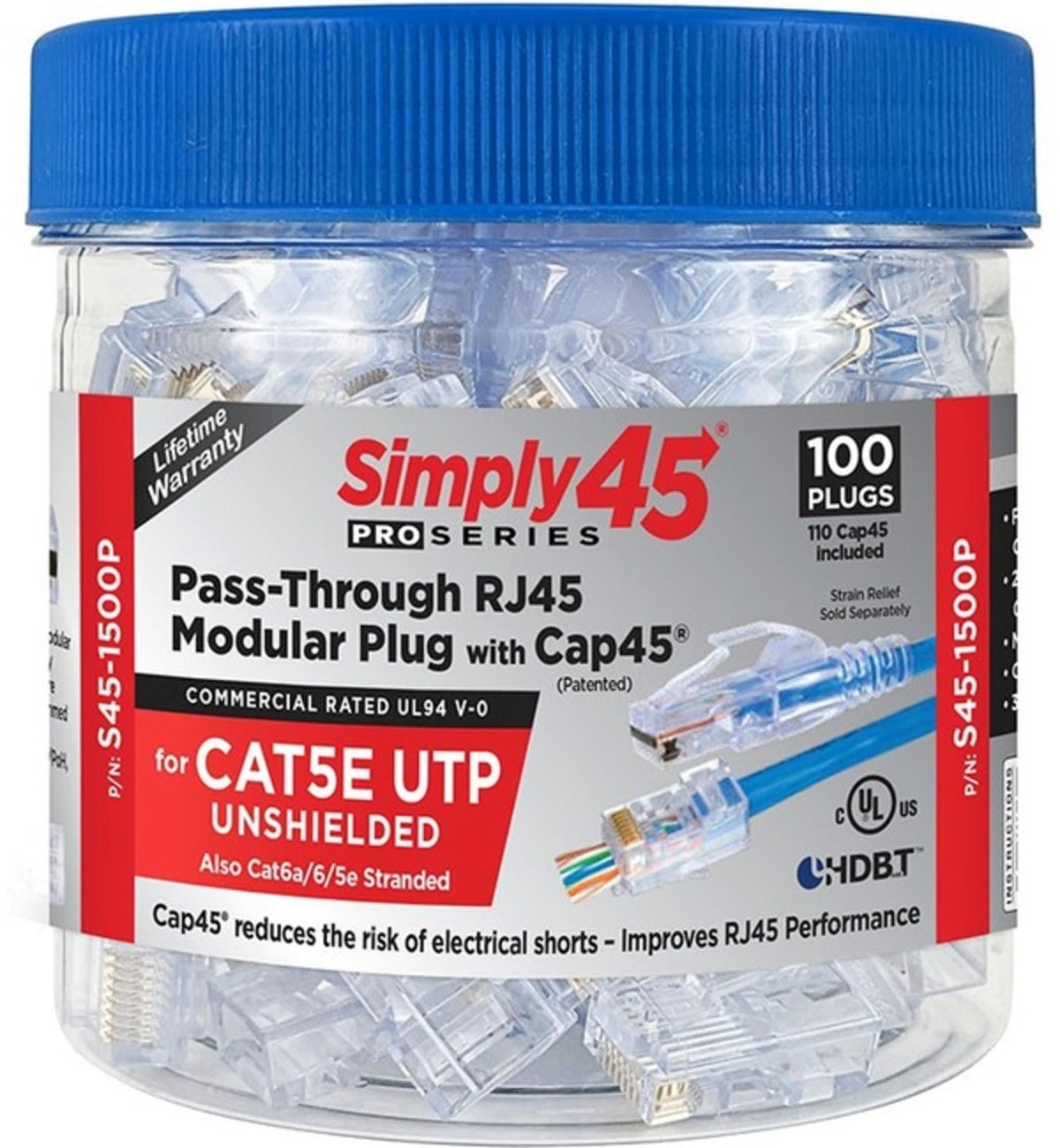 Simply45 ProSeries Cat5e Unshielded Pass-Through RJ45 Modular Plugs with Cap45-100 Piece Jar, Blue