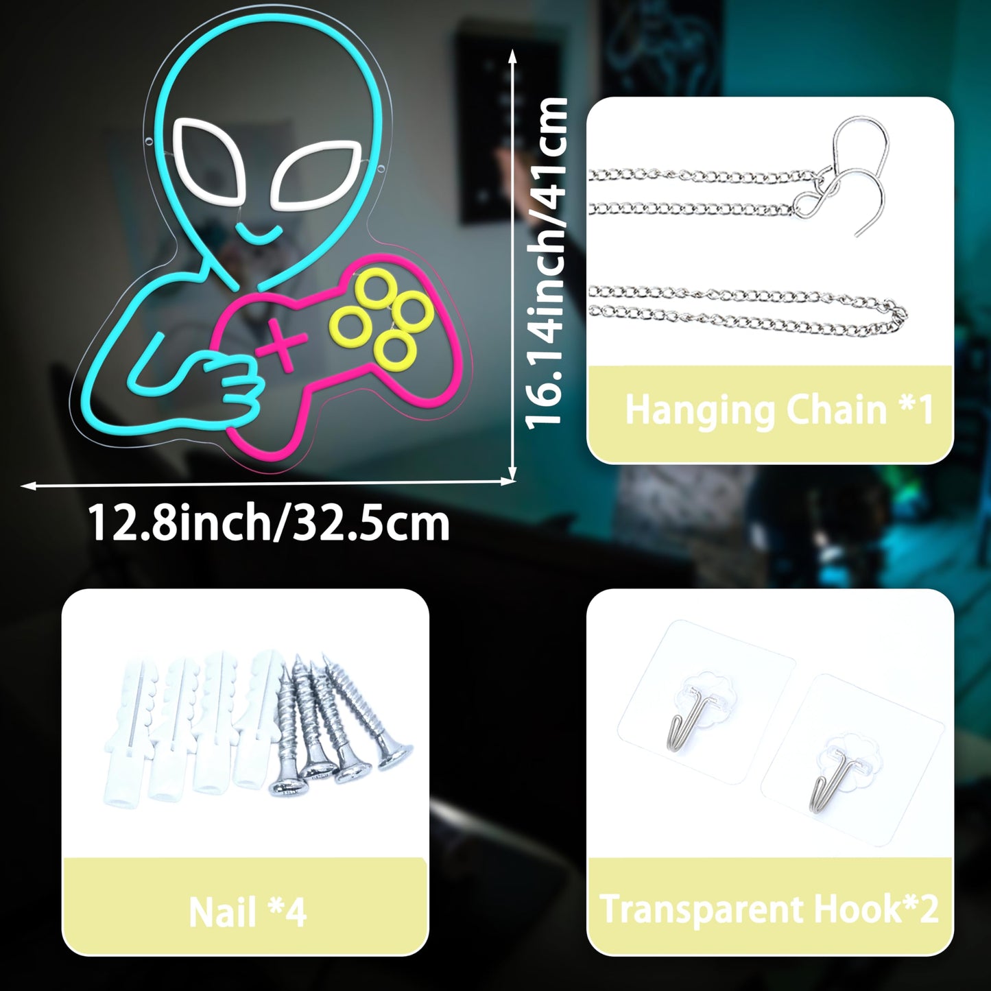 AEHEMNGZ Alien Game Neon Sign Ice Blue Alien Neon Light for Wall Decor Dimmable Game Neon Sign Gaming Controller Light Up Sign for Bedroom Bar
