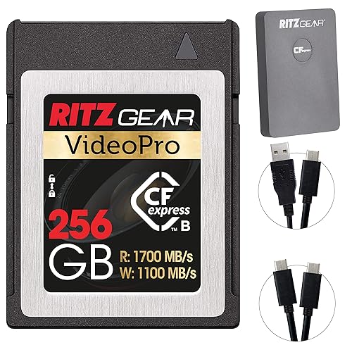 Ritz Gear CFExpress Type B 256GB Card (1700/1100 R/W), Pairs with Compatible Canon & Panasonic DSLR Cameras. Includes CFexpress Type B Card Reader