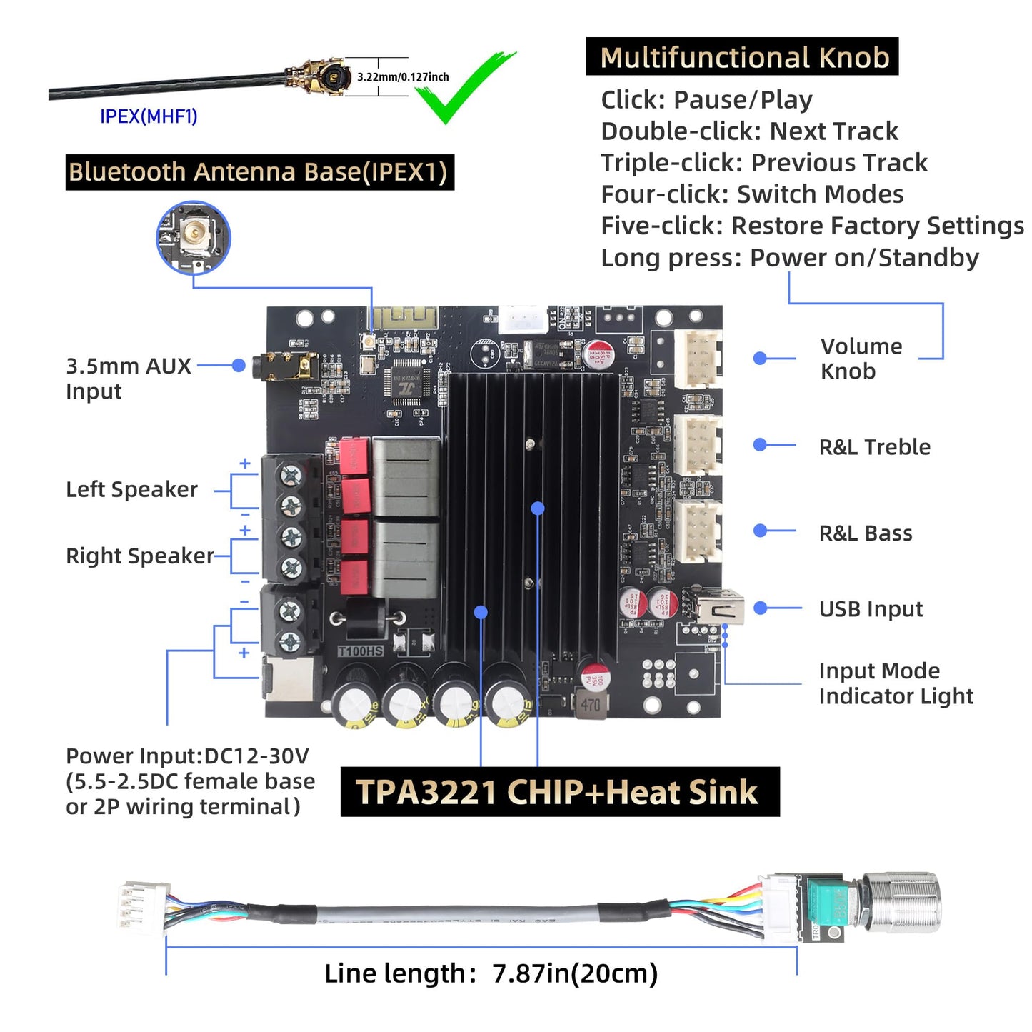 T100HS-W Power Amplifier Board Bluetooth5.2 TPA3221 Chip 2.0 Channel 100W×2,Audio Power Amplifier with Front Panel