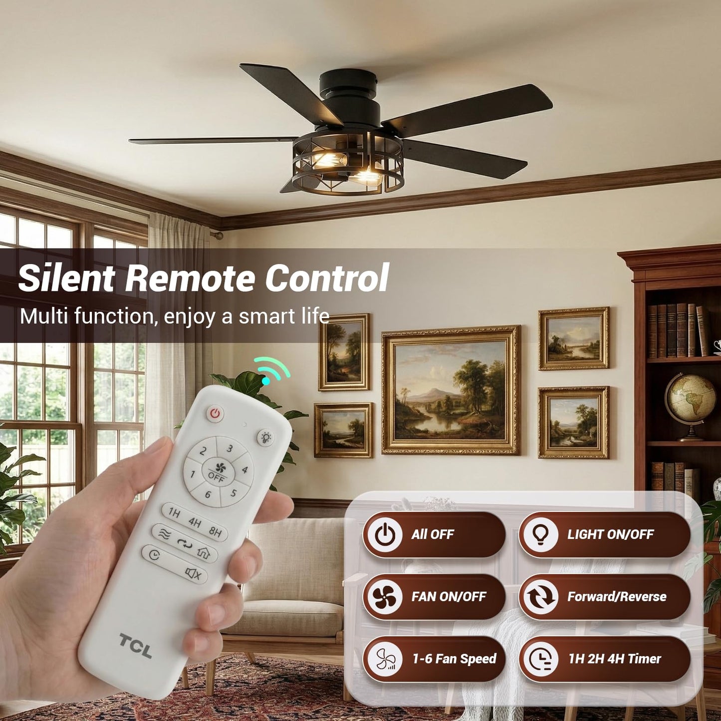 TCL 52" Black Caged Flush Mount Ceiling Fan with Light & Remote
