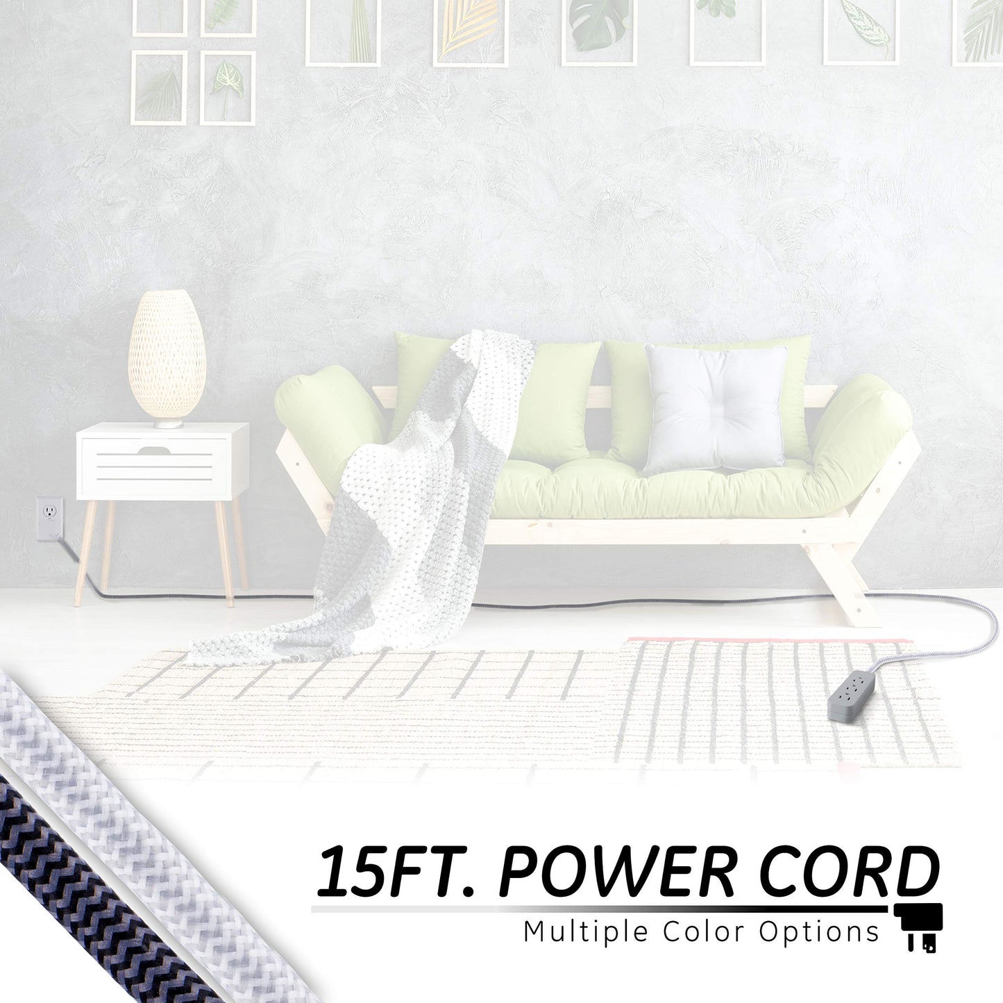 GE Pro 3 Outlet Surge Protector Power Strip, 15 Ft Designer Braided Extension Cord, Flat Plug, Wall Mount, Heather Gray, 45915