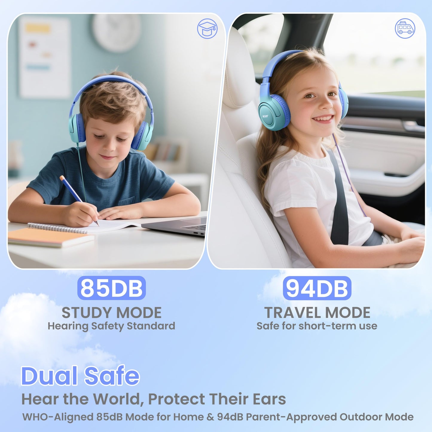 Acer Kids Headphones for School, 85-94dB Limiter, 3.5mm Jack, w/Mic HK03