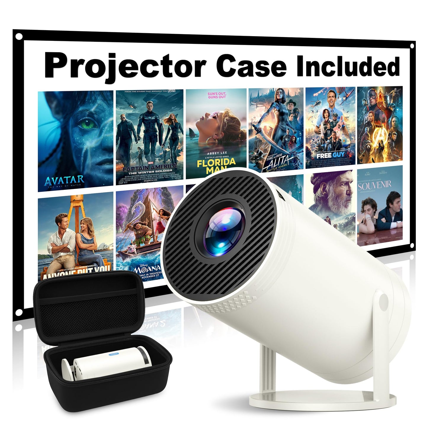 Mini Projector, Native 1080P Portable Projector with Carrying Case, 4K Support, 270°Rotatable Outdoor Movie Proyector, Home Theater Projector