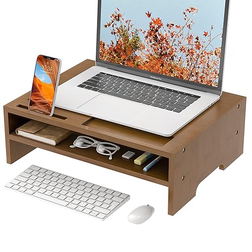Monitor Stand Riser with Storage Organizer Desktop with Cooling Holes Bamboo Laptop Riser Shelf for Office and Home Use 16.7x11.8x5 inch (Walnut)