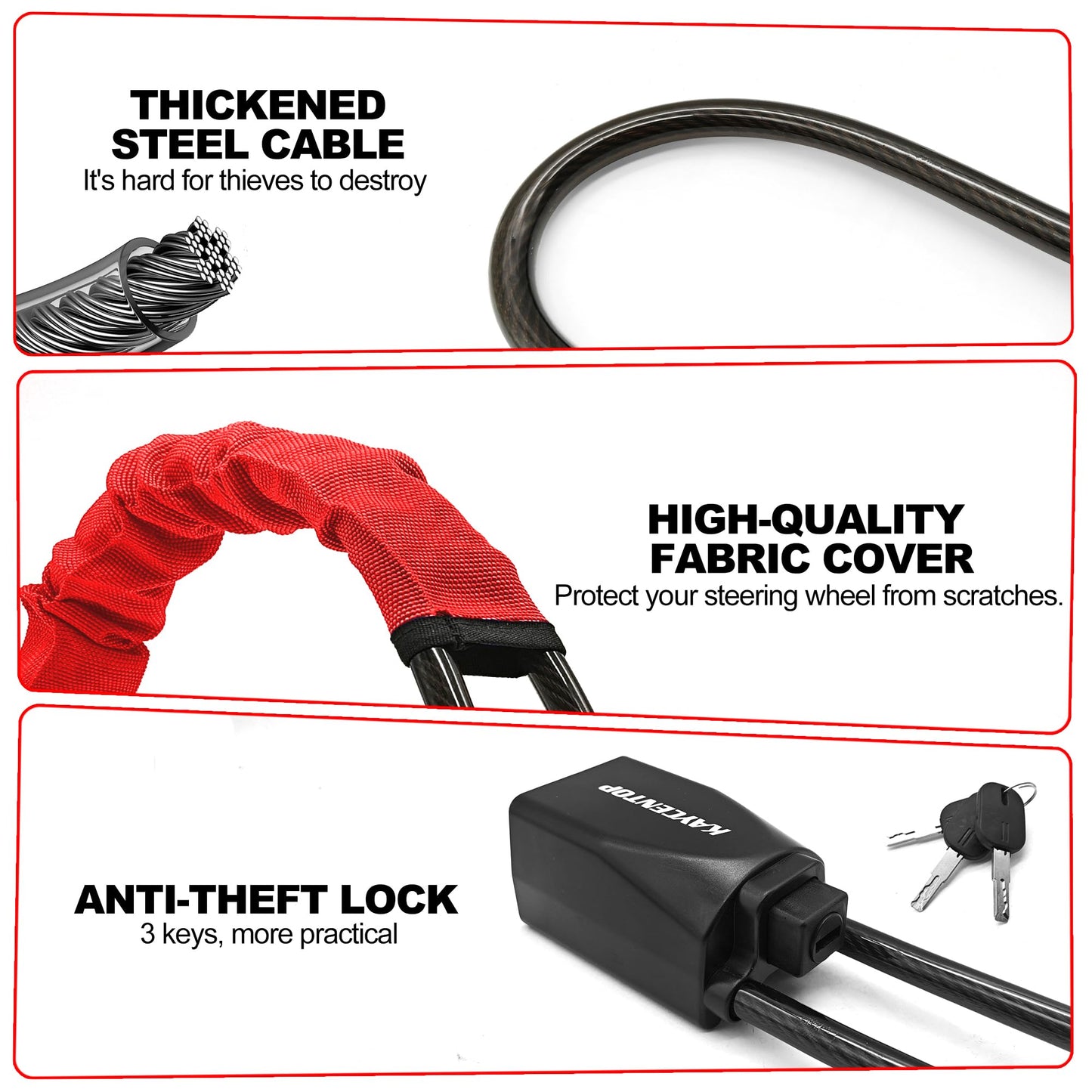KAYCENTOP Car Steering Wheel Lock, Seat Belt Lock, Anti-Theft Device, Max 17 Inch Length, Small and Light-Weight, Multi-Functional, Fit Most Vehicle