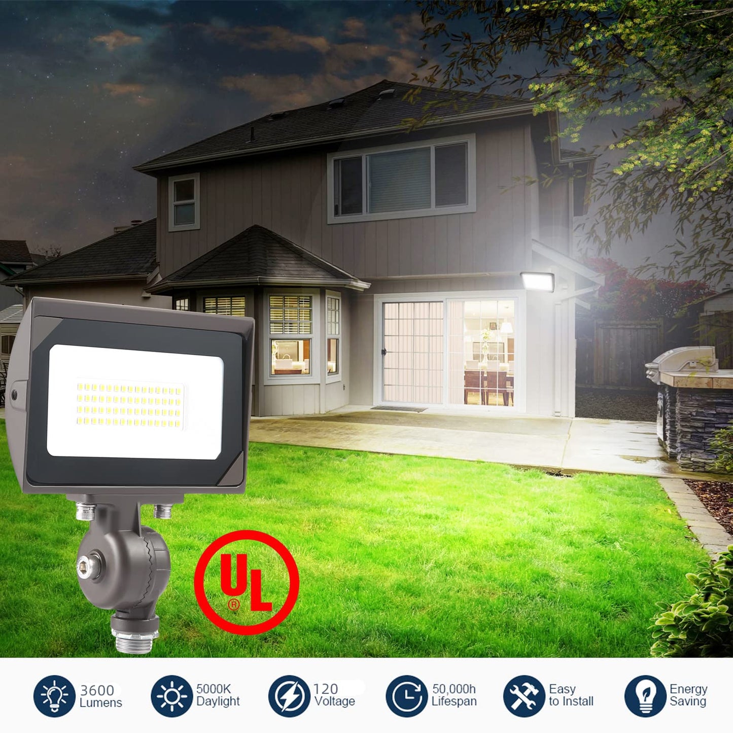 30W Outdoor LED Flood Light With 1/2" Knuckle Mount (Plate Included), 5000K Daylight 3600LM 120V, UL Waterproof LED Security FLood Lighting for Wall