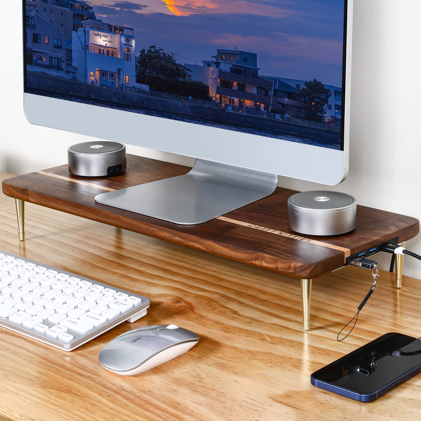CRAFT KITTIES Monitor Stand Wood Riser with 4 USB Ports, Computer Monitor Stand with America Walnut Data Transfer Charging Hub -Compatible