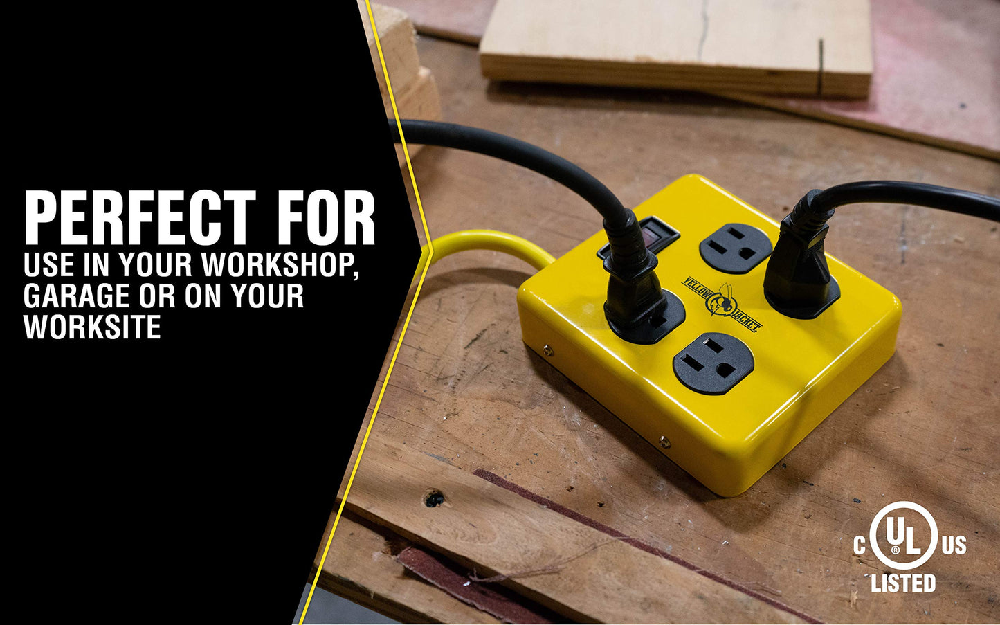 Southwire Yellow Jacket Metal Power Block - Heavy Duty Design - 4 Outlet Grounded Plug Splitter - Lighted Switch - 4 Ft Yellow Cord Plug - Durable