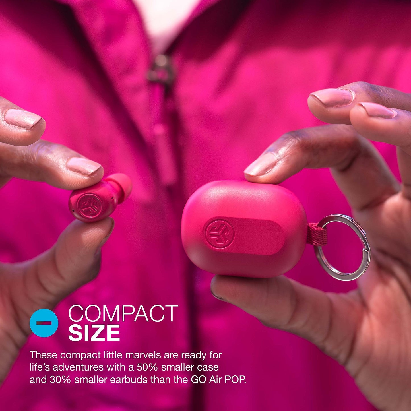 JLab JBuds Mini True Wireless Bluetooth Earbuds + Charging Case, Hot Pink, IP55 Sweat and Dust Proof, Bluetooth Multipoint, Be Aware Audio, 3 EQ Sound