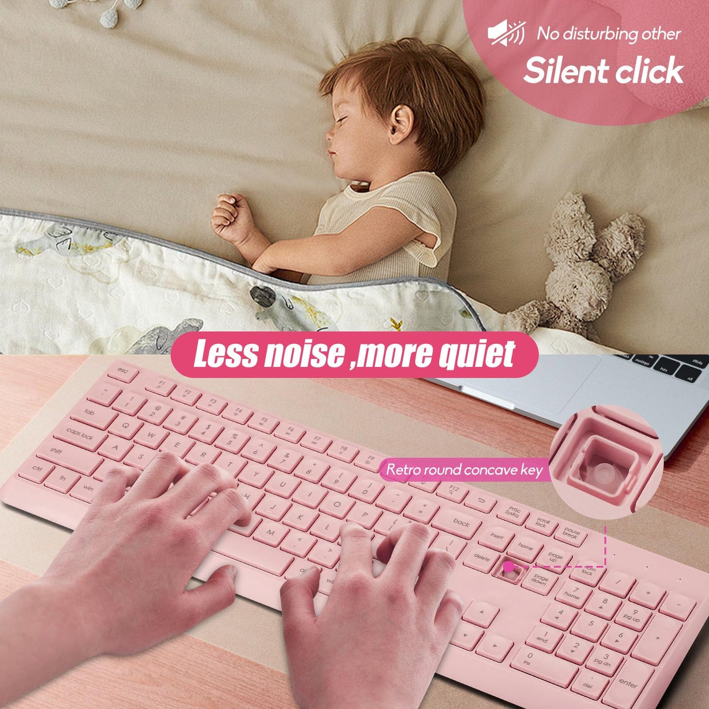 Wireless Silent Keyboard Mouse Combo, Ultra-Slim USB Keyboard Silent Mouse Set, Water-Dropping Keycaps, 12 Shortcuts, 2.4GHz Wireless Connection