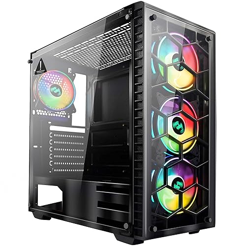 MUSETEX Mid Tower Case, ATX Case RGB LED Fans/Gaming Case PC Side Window Panel & 4 Dual Light Loop Fans Pre-Installed, Computer Case USB 3.0 Port,2 x